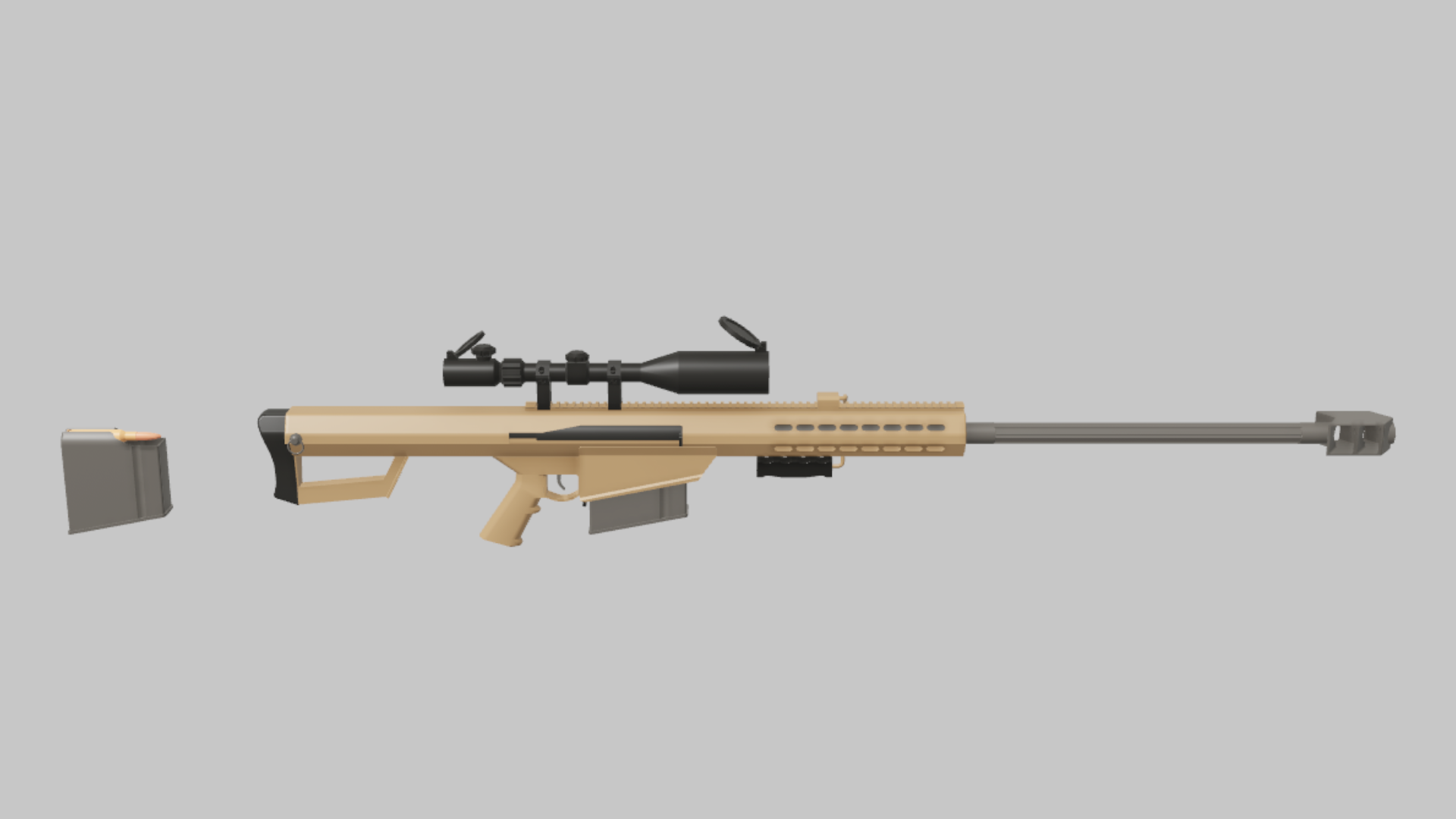 M107 RBXM firearm asset front render showing a tan M107 sniper rifle with long barrel, top optic, black magazine, and angular stock