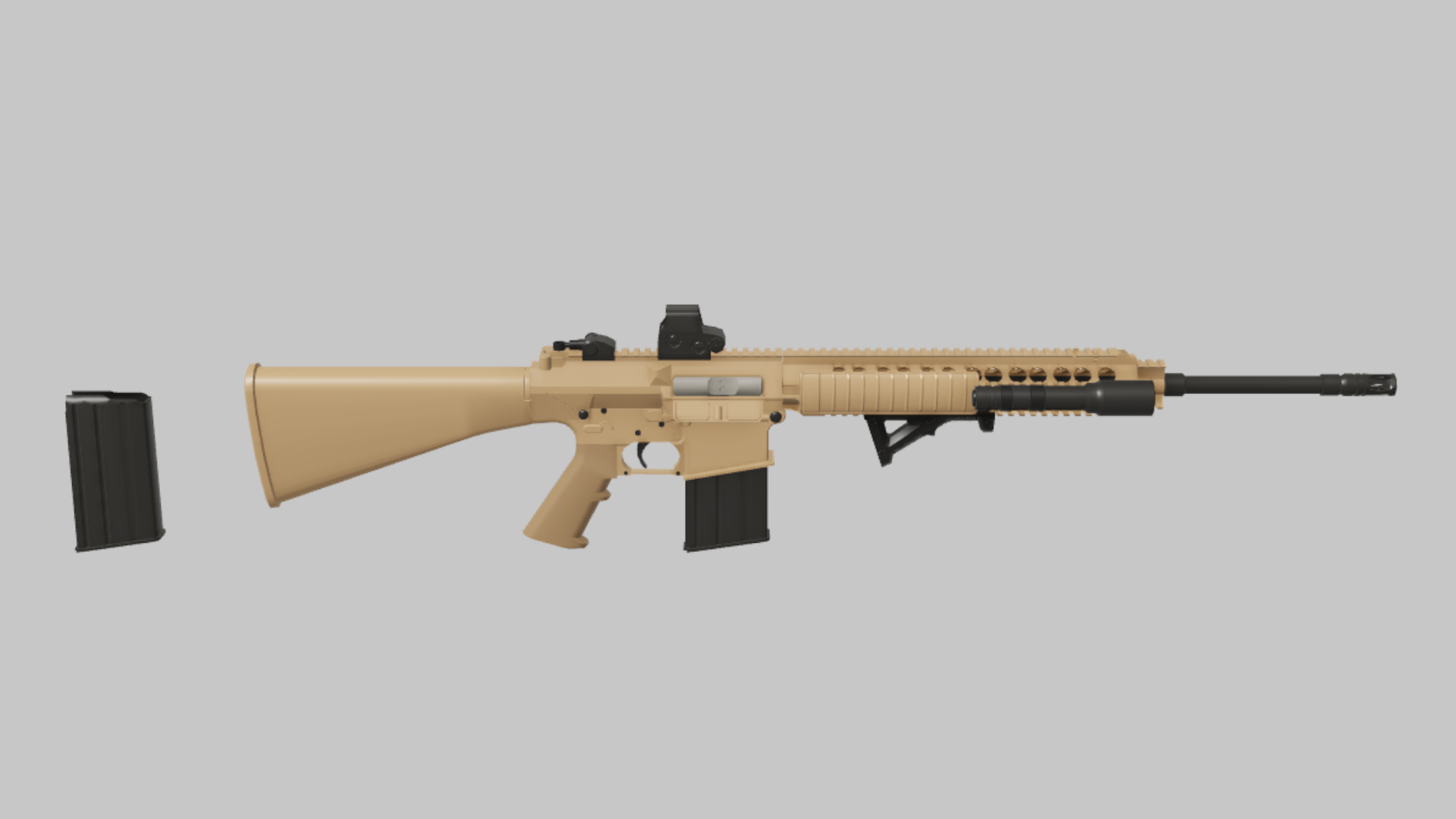 M110 Night RBXM firearm asset front render showing a tan M110 Night variant with raised optic, underbarrel module, and black accessory contrast