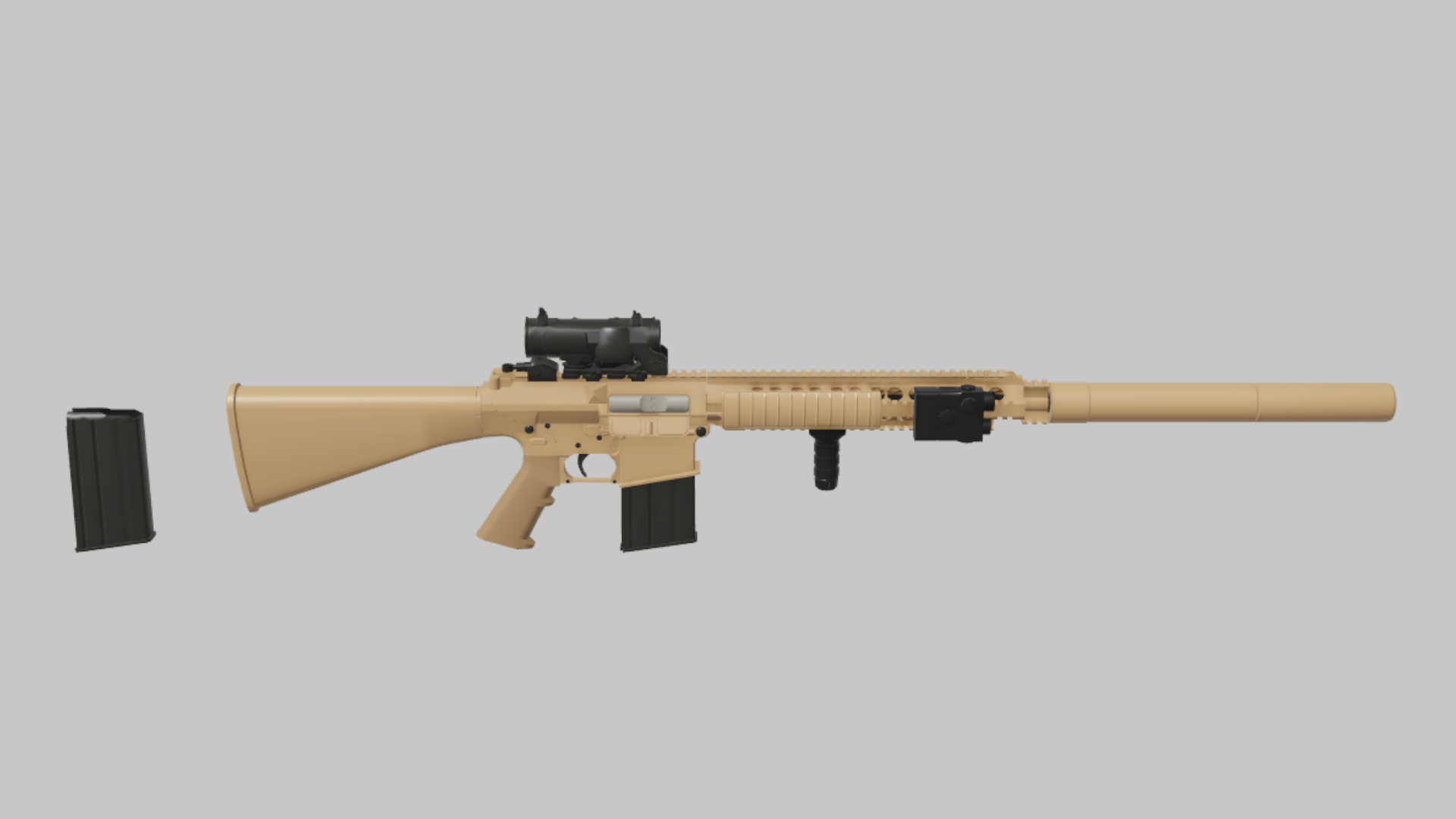 M110 QRF RBXM firearm asset front render showing a tan M110 QRF build with tube optic, suppressor, vertical grip, and detached magazine