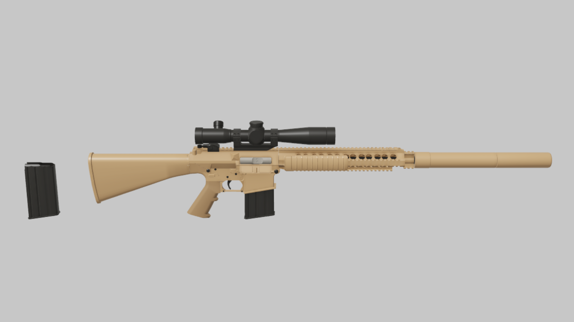 M110 RBXM firearm asset front render showing a tan M110 marksman rifle with scope, suppressor, black magazine, and long handguard