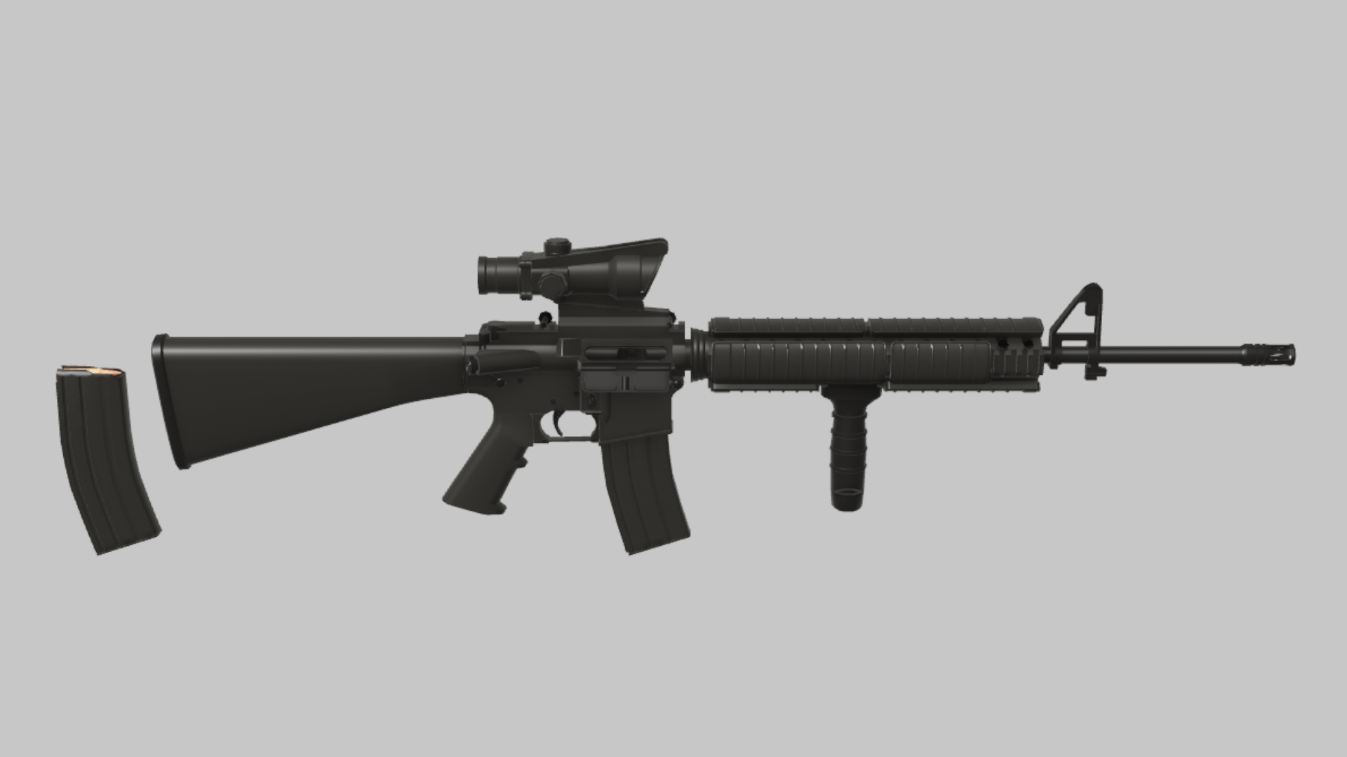 M16A4 Assault RBXM firearm asset front render showing a black M16A4 Assault variant with optic, foregrip, and classic fixed-stock profile