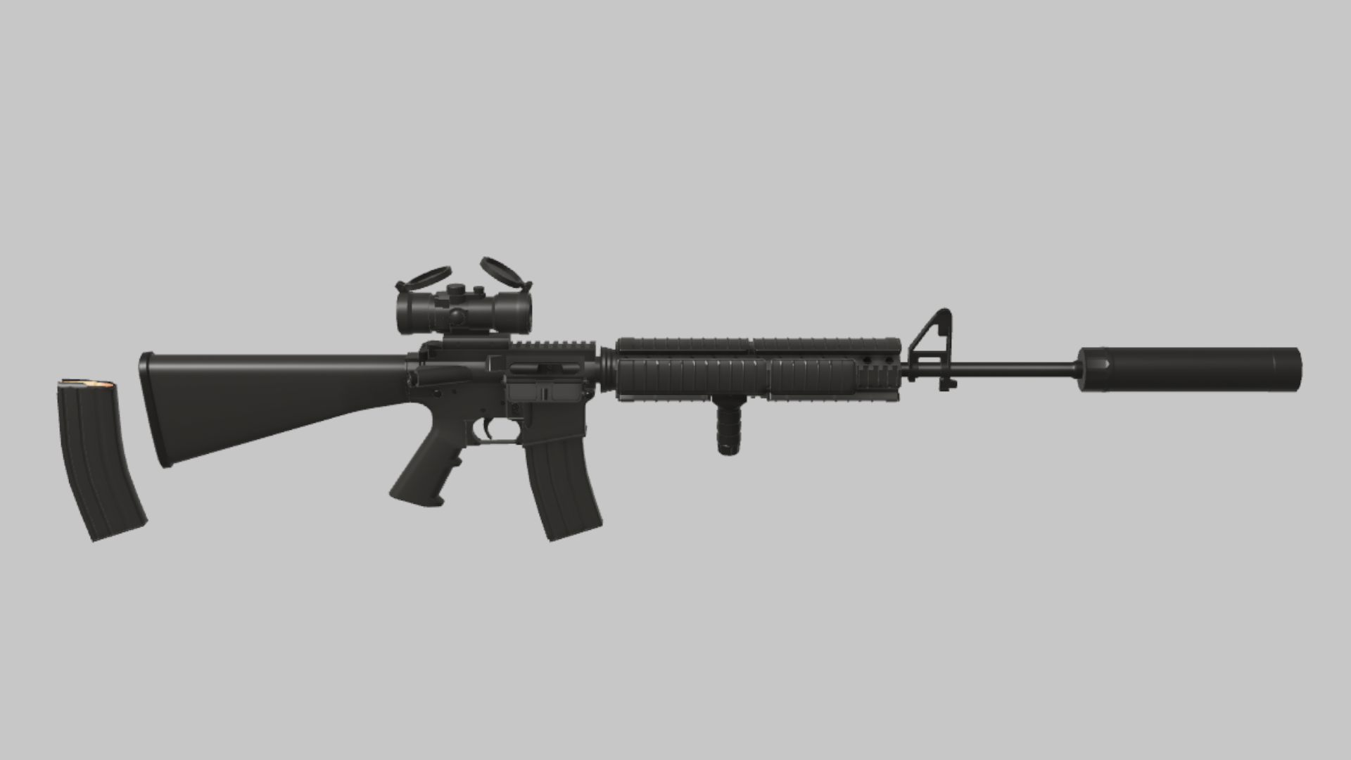 M16A4 Stealth RBXM firearm asset front render showing a stealth M16A4 with suppressor, optic, vertical grip, and all-black finish