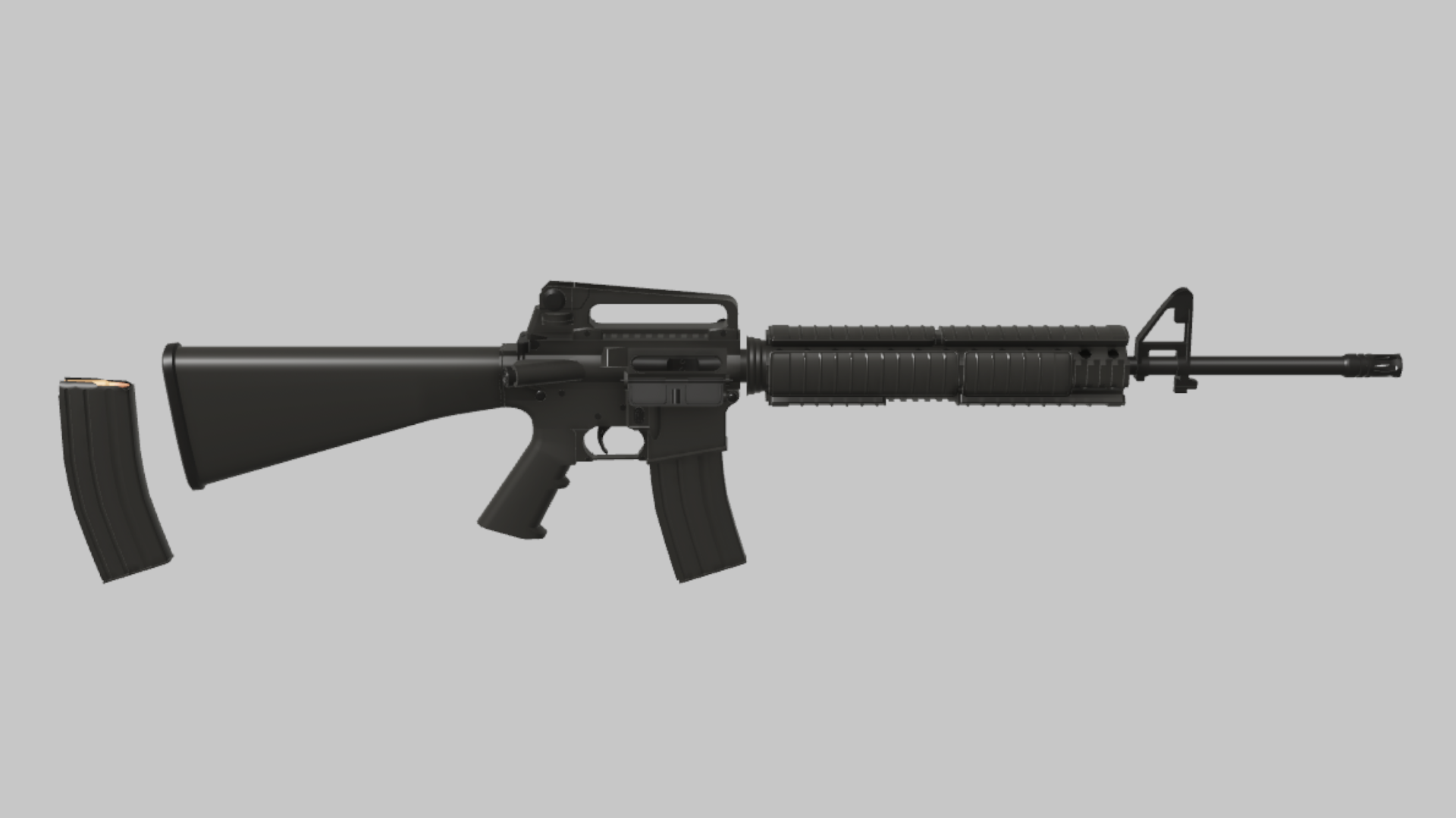 M16A4 RBXM firearm asset front render showing a black M16A4 with classic carry handle, ribbed handguard, and detached curved magazine
