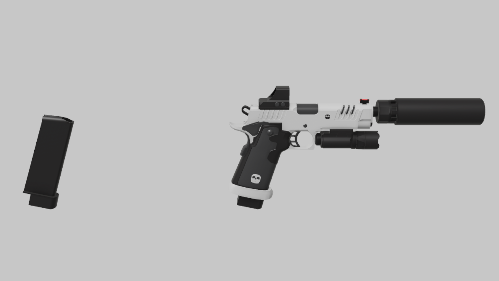 M1911 Hitman RBXM firearm asset front render showing a white-and-black M1911 Hitman build with suppressor, optic, and underbarrel accessory