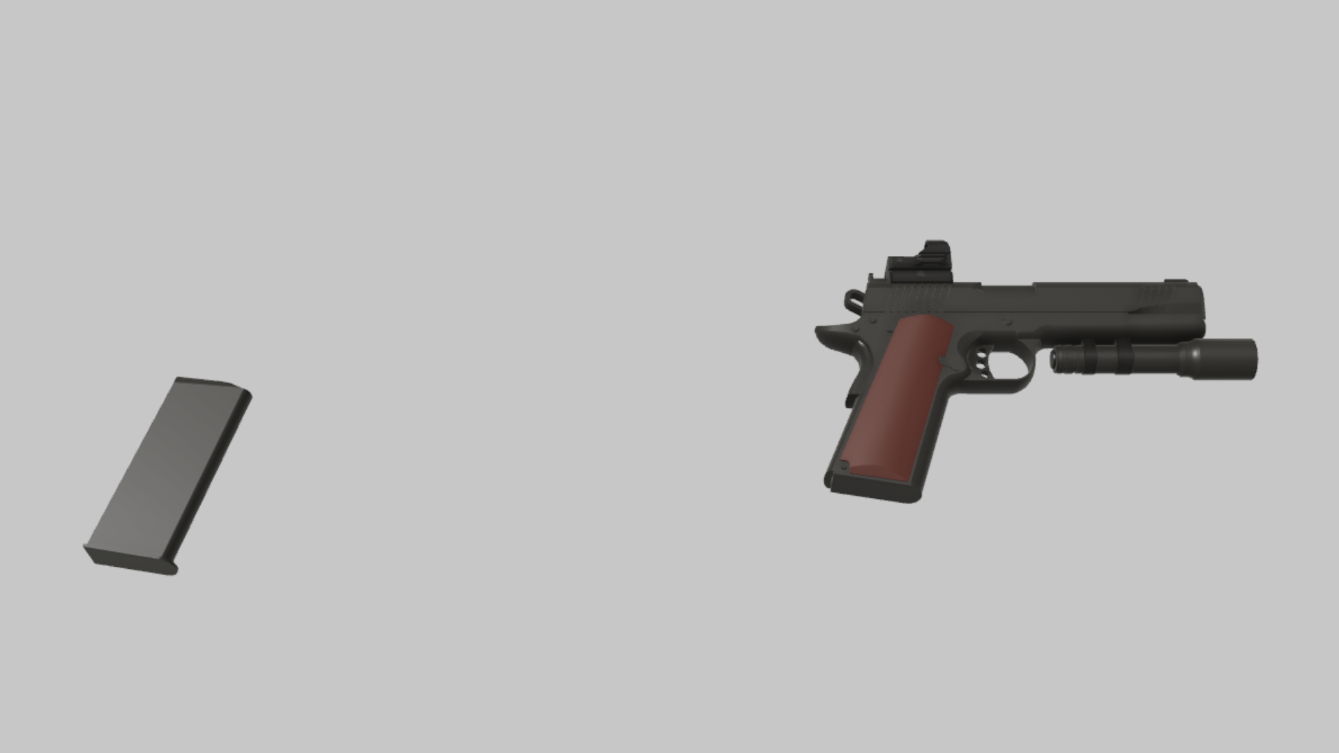M1911 Pro RBXM firearm asset front render showing a black M1911 Pro with brown grips, compact sight, and underbarrel module