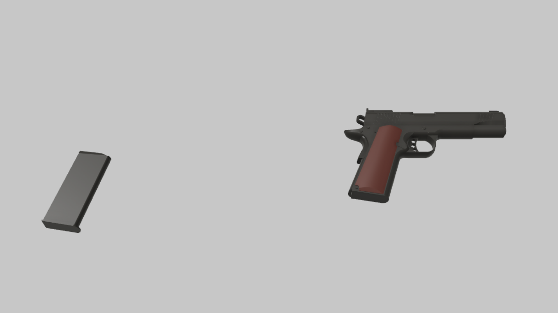 M1911 RBXM firearm asset front render showing a black M1911 with brown grip panels and detached gray magazine