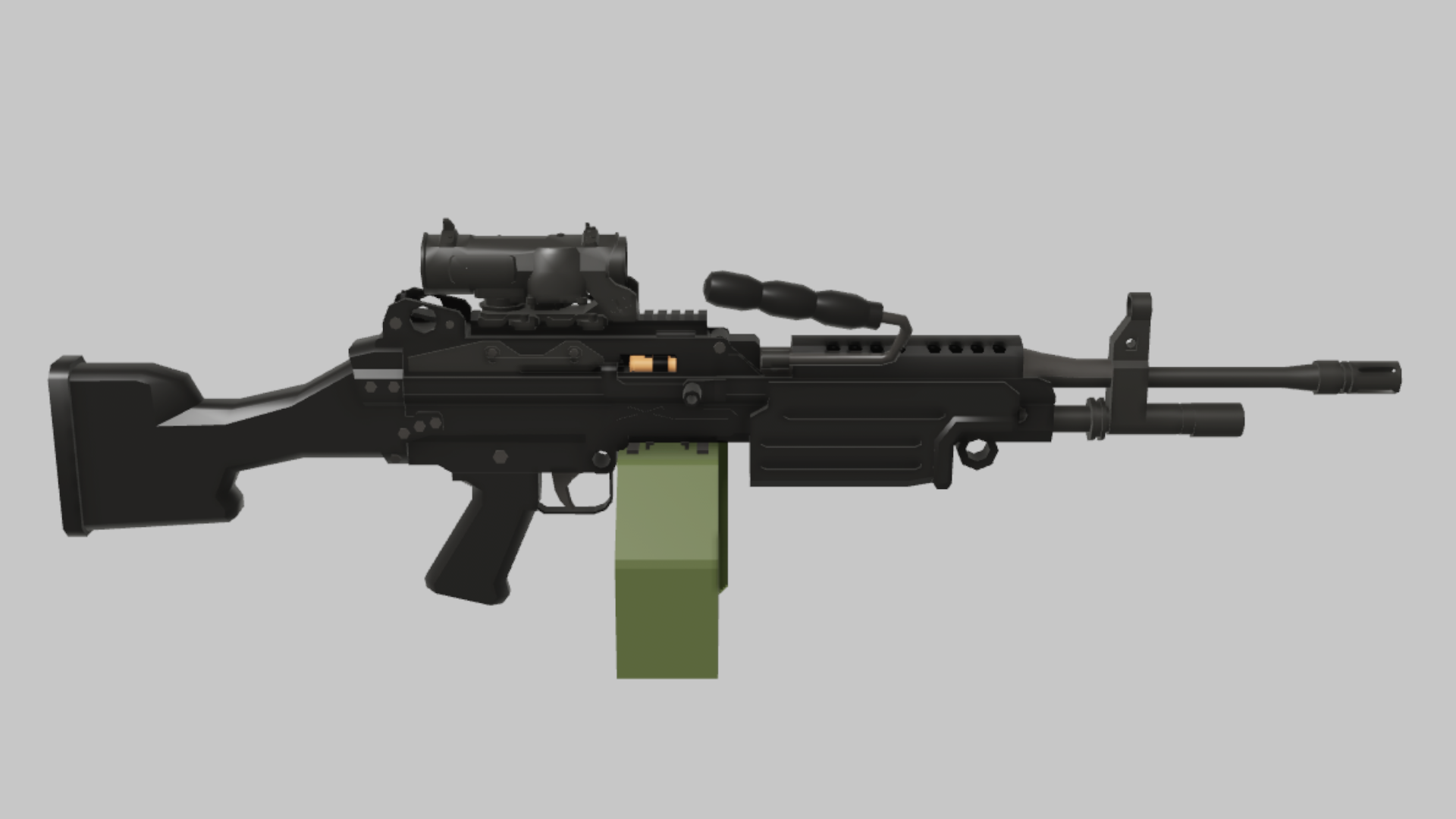 M249 Accuracy RBXM firearm asset front render showing an M249 Accuracy variant with raised optic, green box magazine, and compact top accessory
