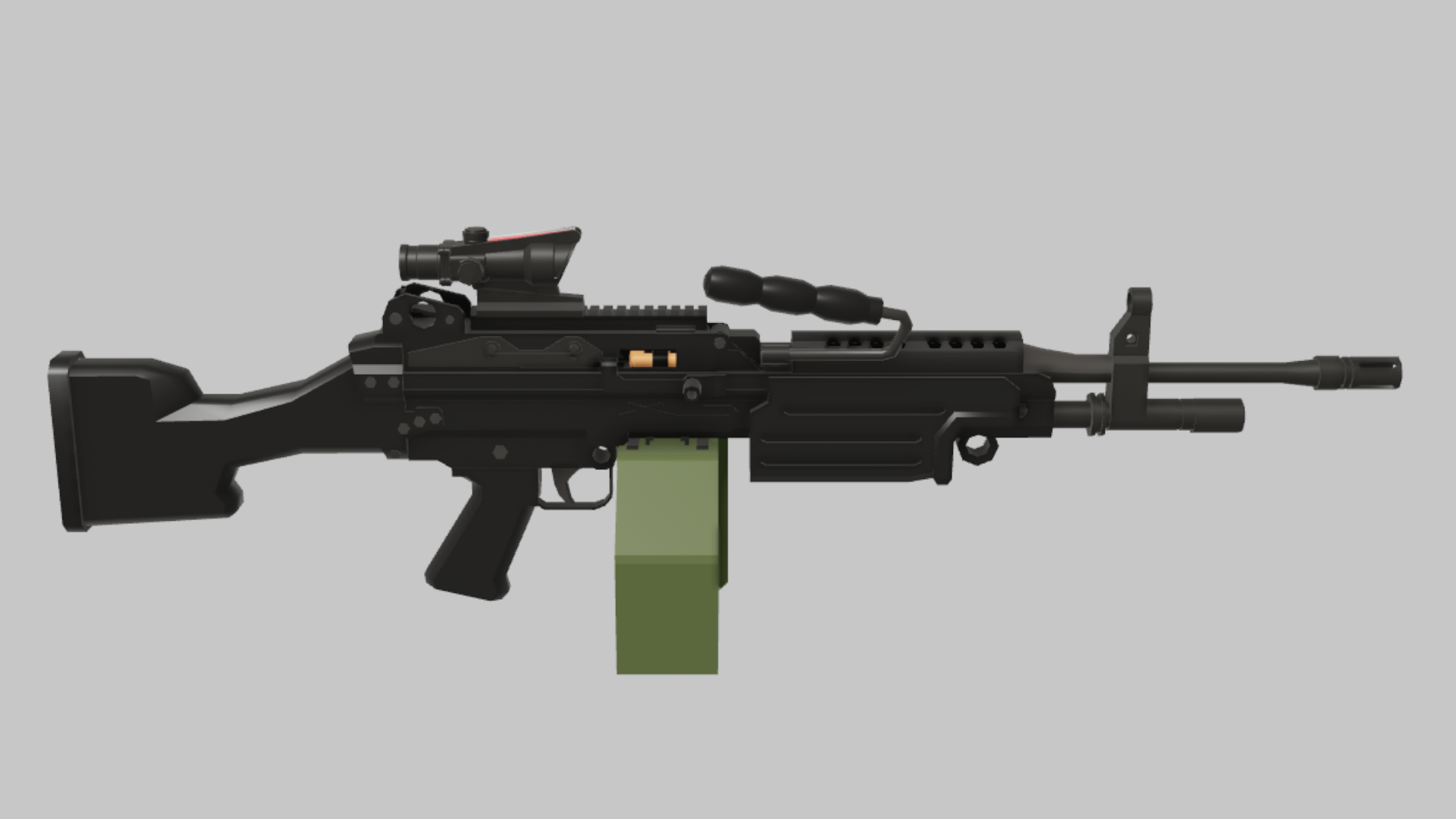 M249 Damage RBXM firearm asset front render showing an M249 Damage variant with red-dot style optic, green box magazine, and heavy black chassis