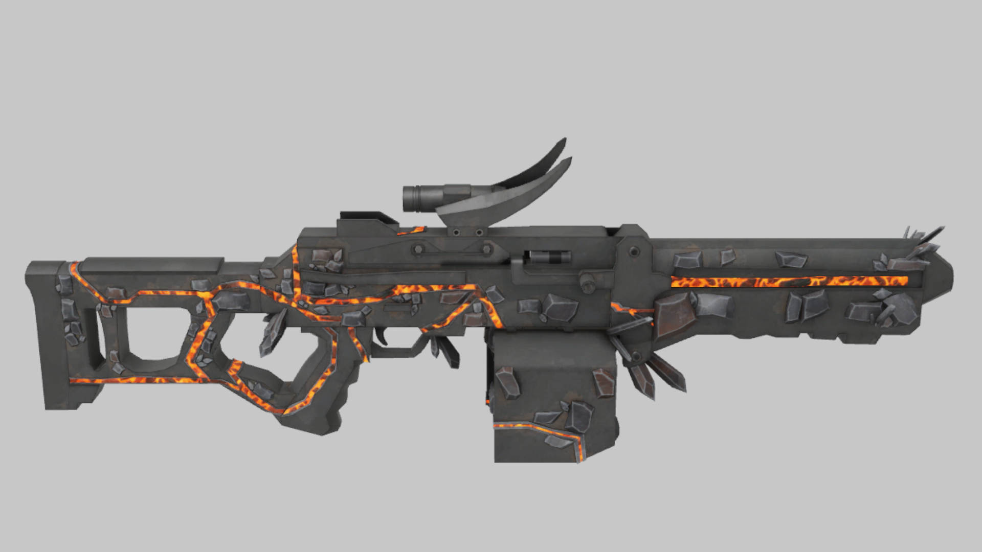 M249 Pyroclast RBXM firearm asset front render showing a Pyroclast M249 with cracked lava-orange texture, angular dark body, and aggressive sci-fi panels