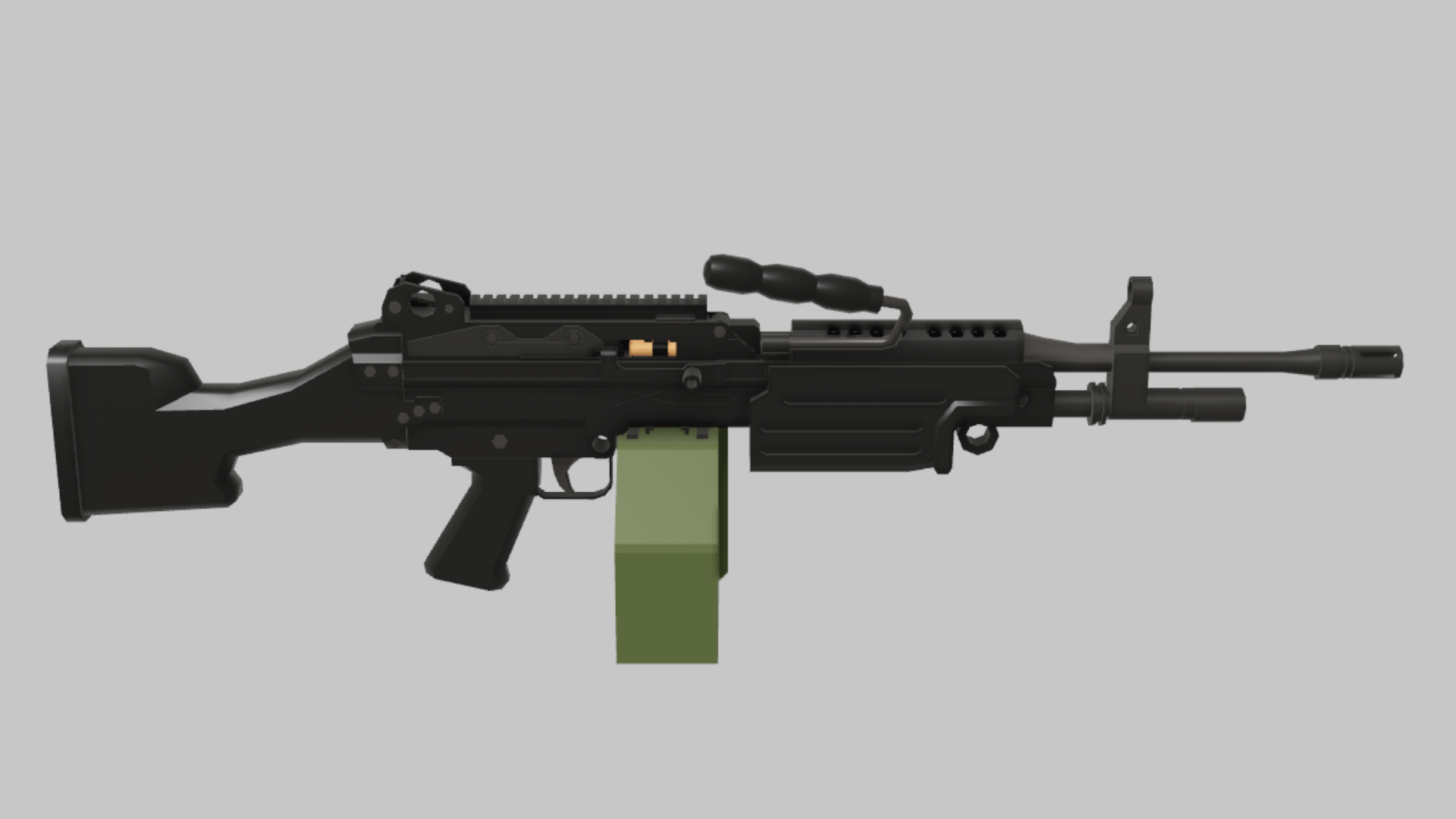 M249 RBXM firearm asset front render showing a black M249 support weapon with green box magazine, rail top, and heavy front assembly