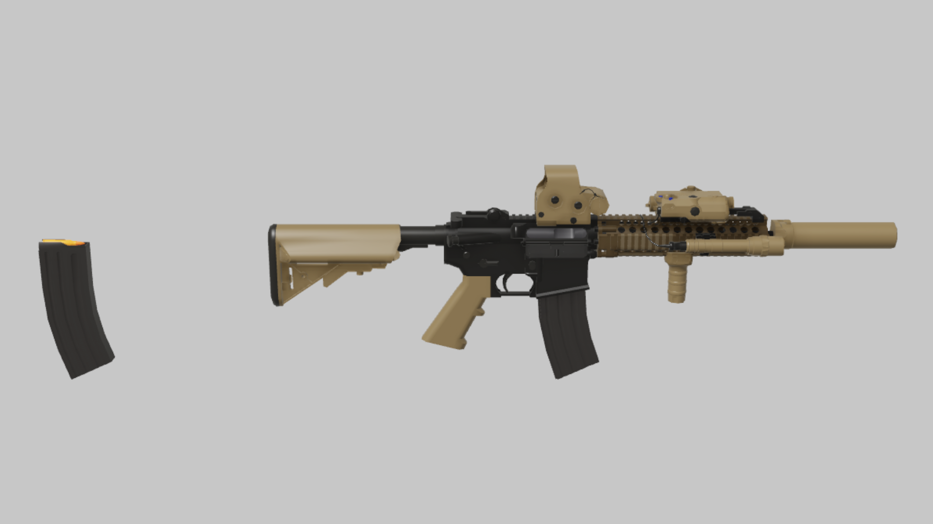 M4A1 MK18 RBXM firearm asset front render showing a tan-and-black M4A1 MK18 with compact stock, tan rail, optic, and suppressor