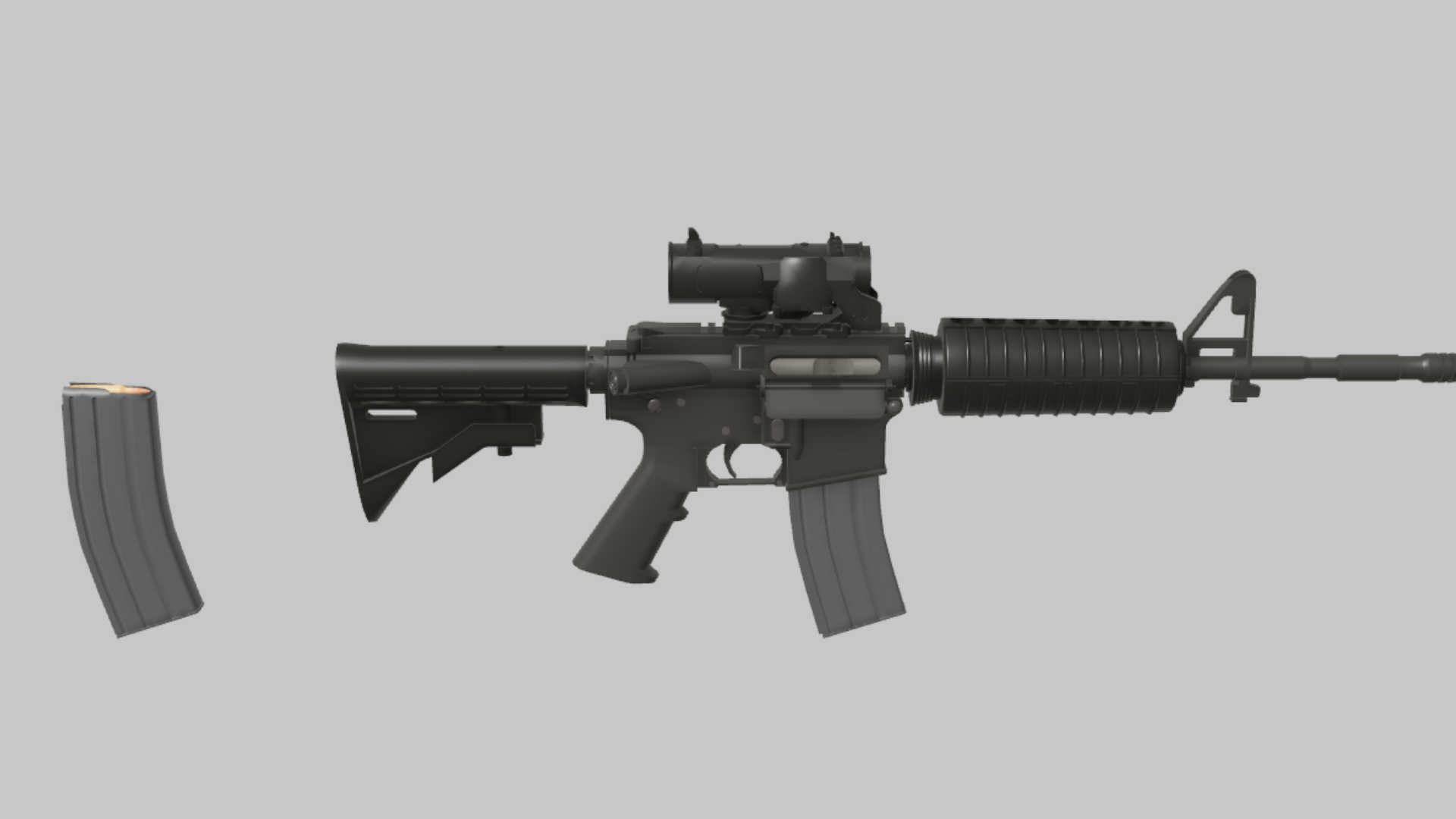 M4A1 Ranger RBXM firearm asset front render showing a black M4A1 Ranger variant with optic, gray magazine, and classic ribbed handguard