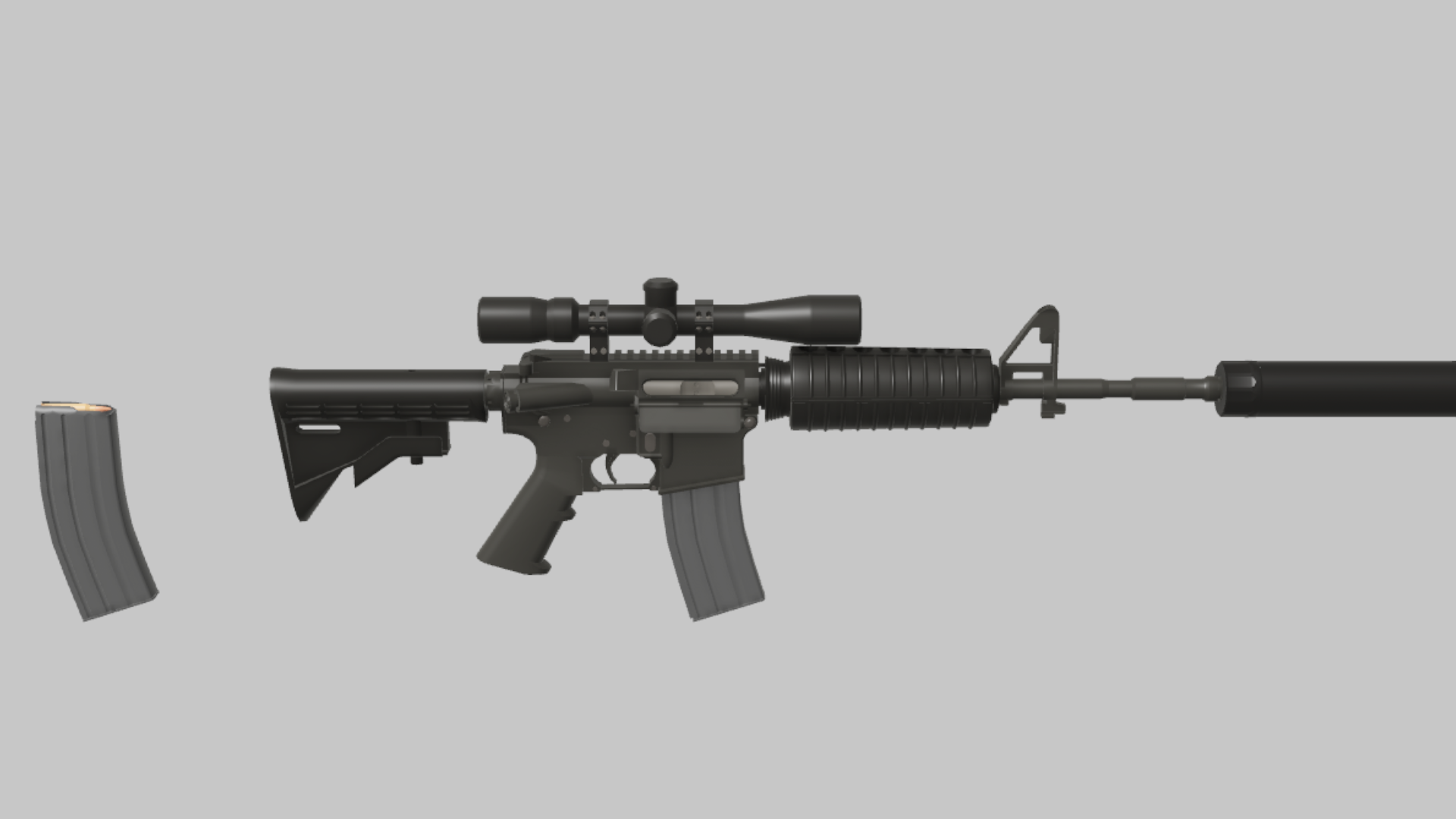 M4A1 Recon RBXM firearm asset front render showing a black M4A1 Recon build with long scope, suppressor, and gray magazine