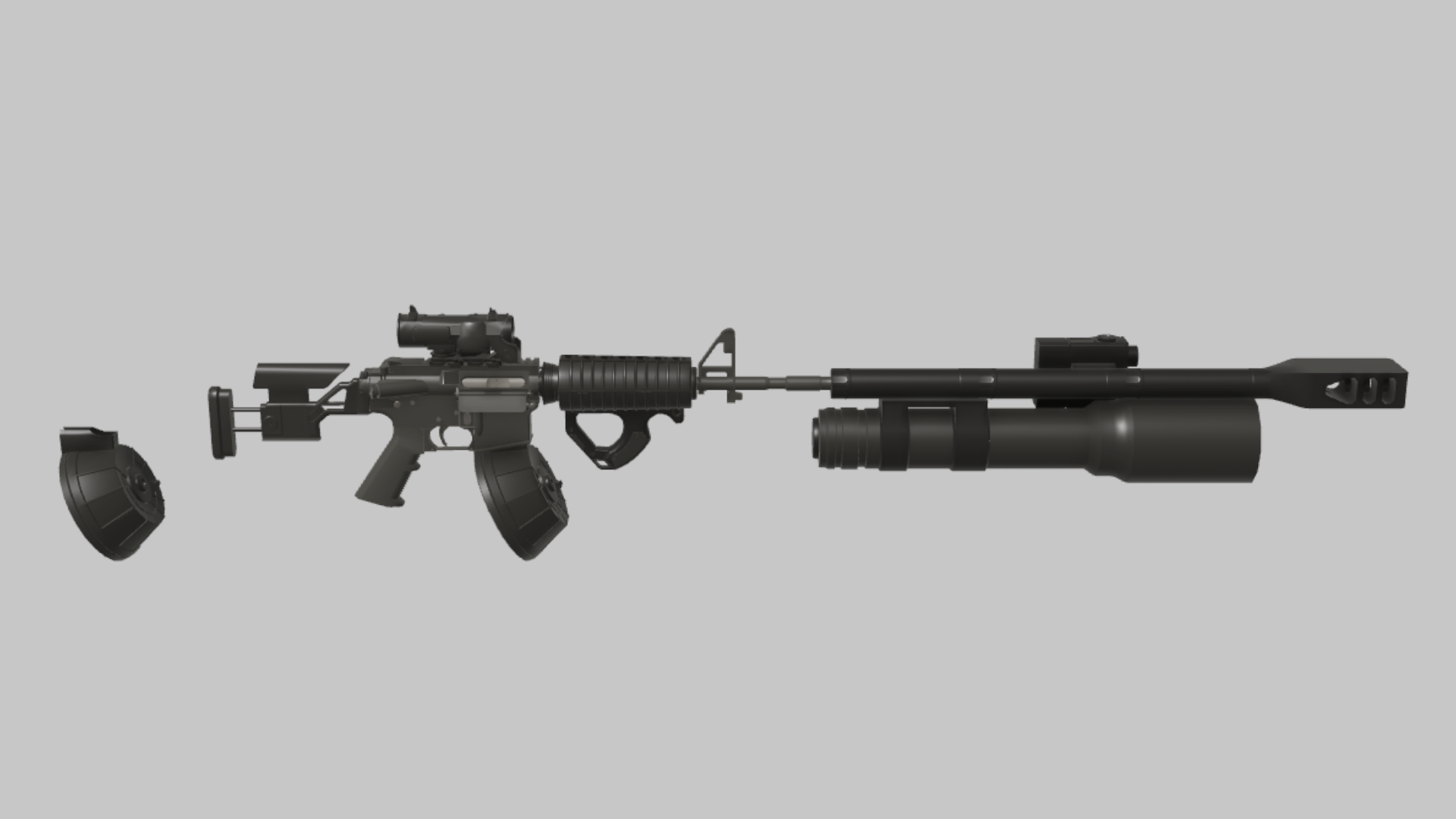 M4A1 Sunlight RBXM firearm asset front render showing an oversized M4A1 Sunlight launcher-style build with drum magazine, optic, and large front tube