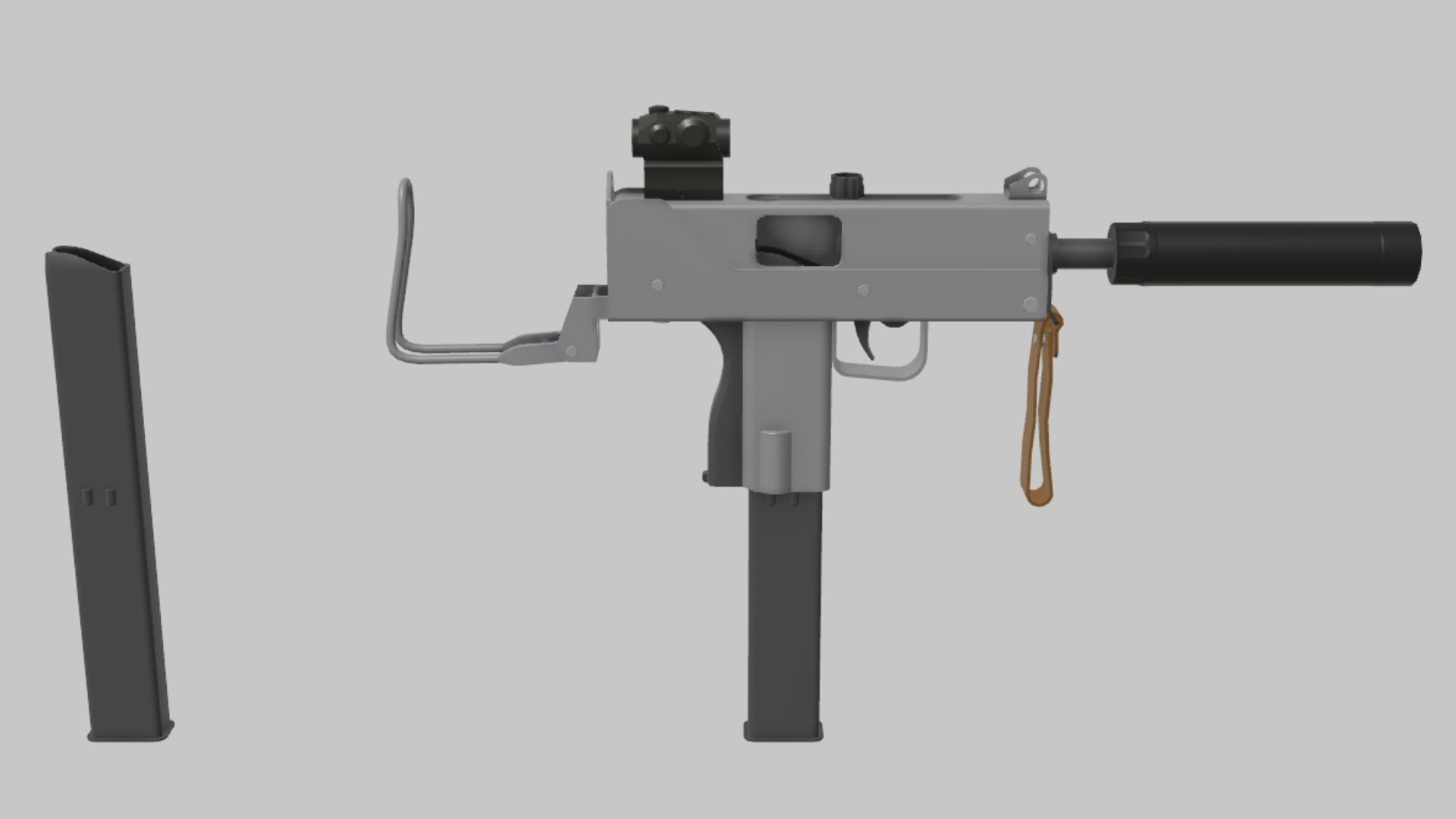 MAC-10 Assassin RBXM firearm asset front render showing a gray MAC-10 Assassin variant with optic, suppressor, wire stock, and black magazine