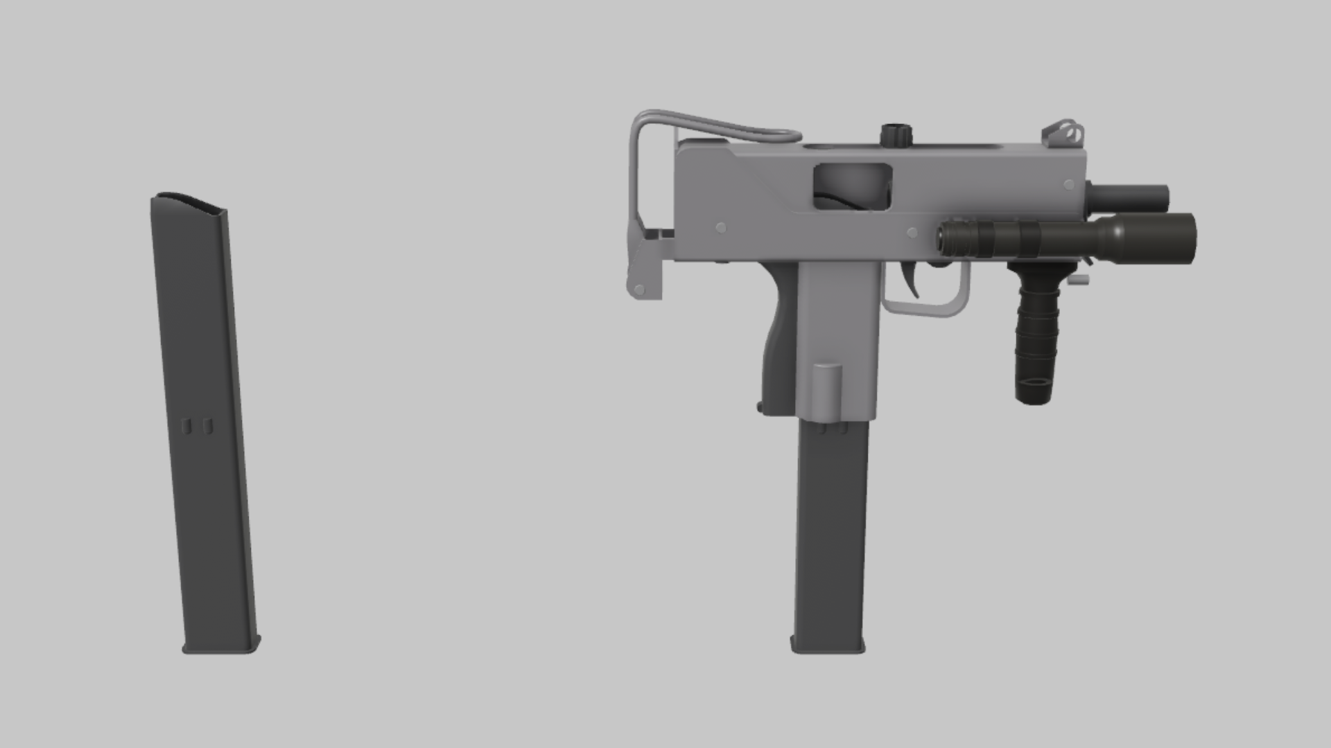 MAC-10 Street RBXM firearm asset front render showing a gray MAC-10 Street build with underbarrel grip, black magazine, and squared receiver