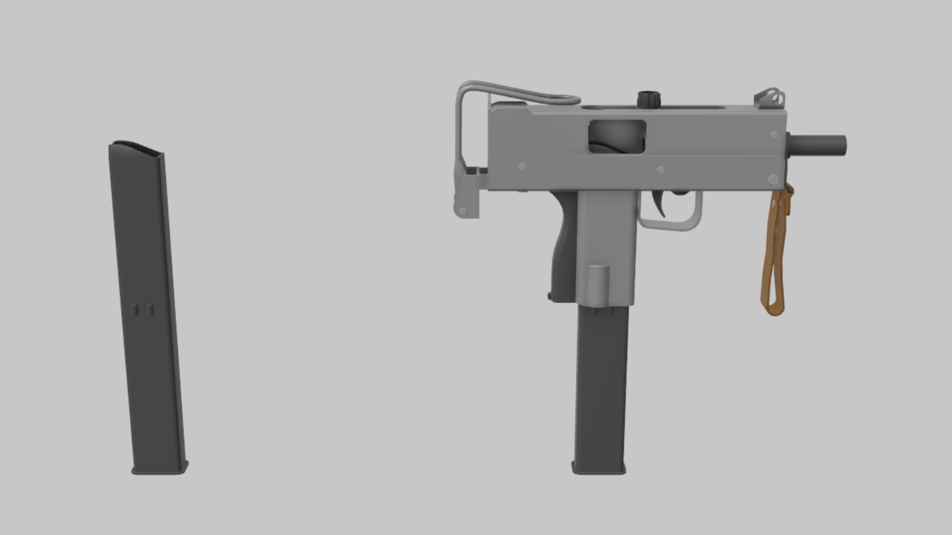 MAC-10 RBXM firearm asset front render showing a gray MAC-10 with black magazine, wire-style stock, and small hanging strap detail