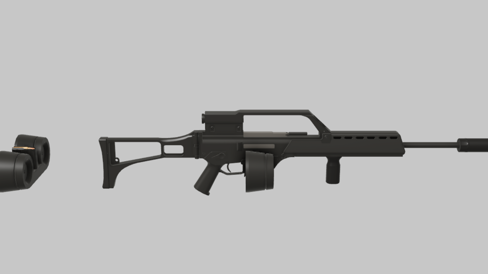 MG36 Marksman RBXM firearm asset front render showing a black MG36 Marksman build with extended barrel, foregrip, and drum magazine