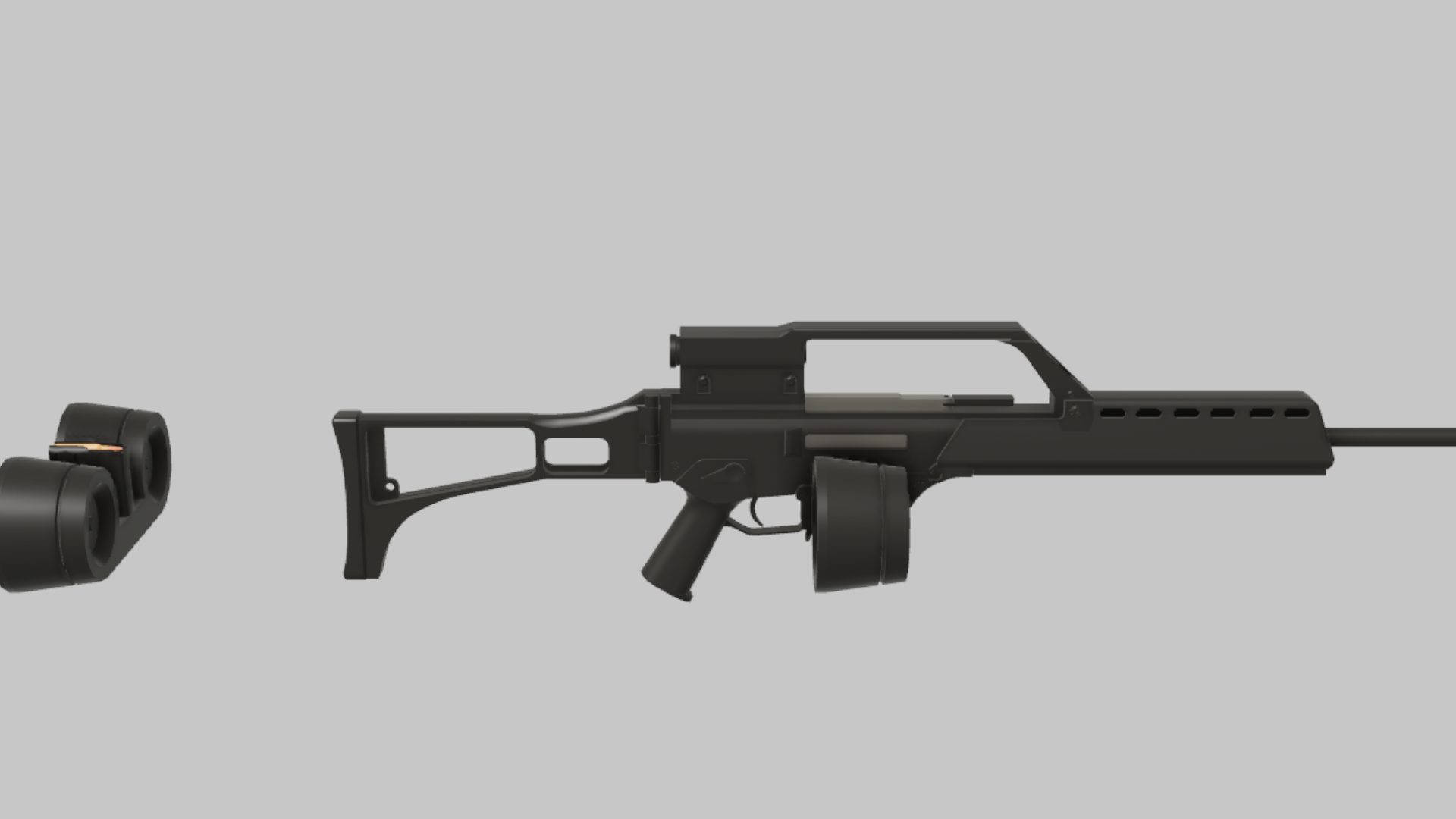 MG36 RBXM firearm asset front render showing a black MG36 with drum magazine, carry-handle top, and long front barrel assembly