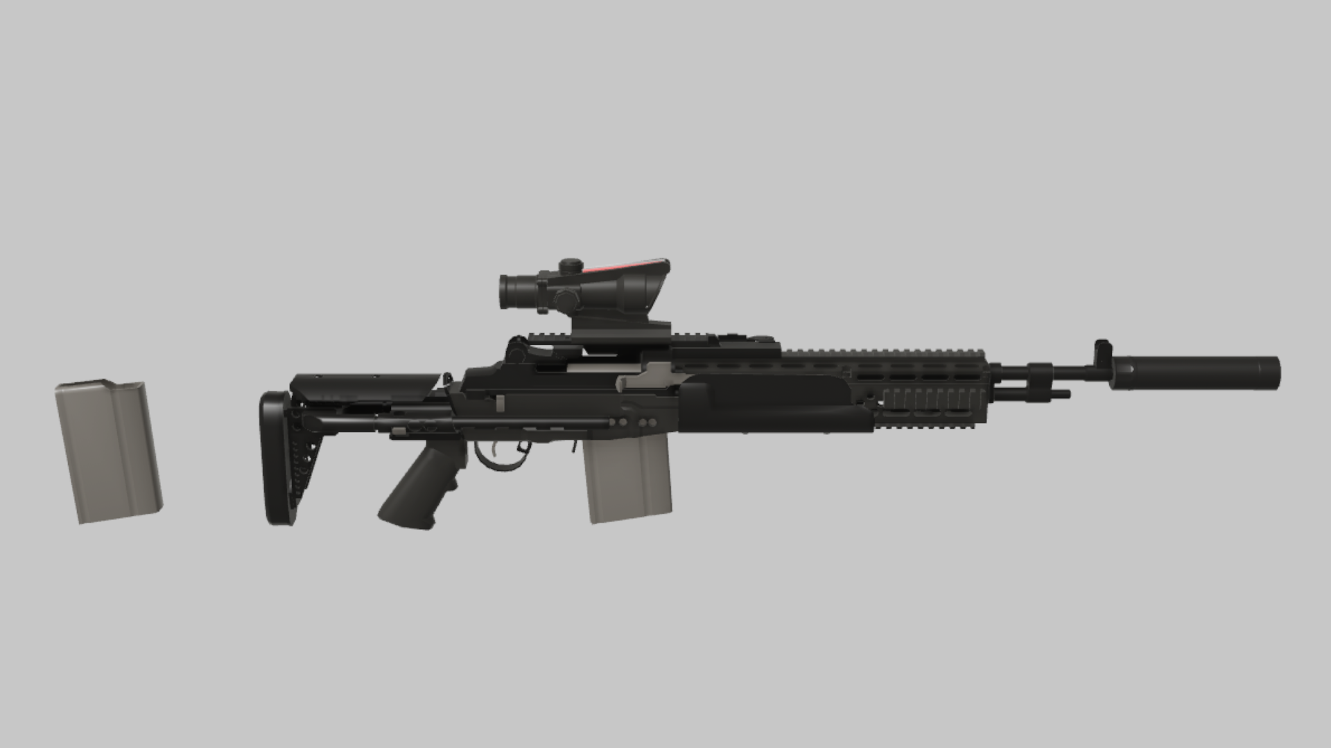 MK-14 EBR Assault RBXM firearm asset front render showing a black MK-14 EBR Assault variant with raised optic, rail handguard, and gray magazine