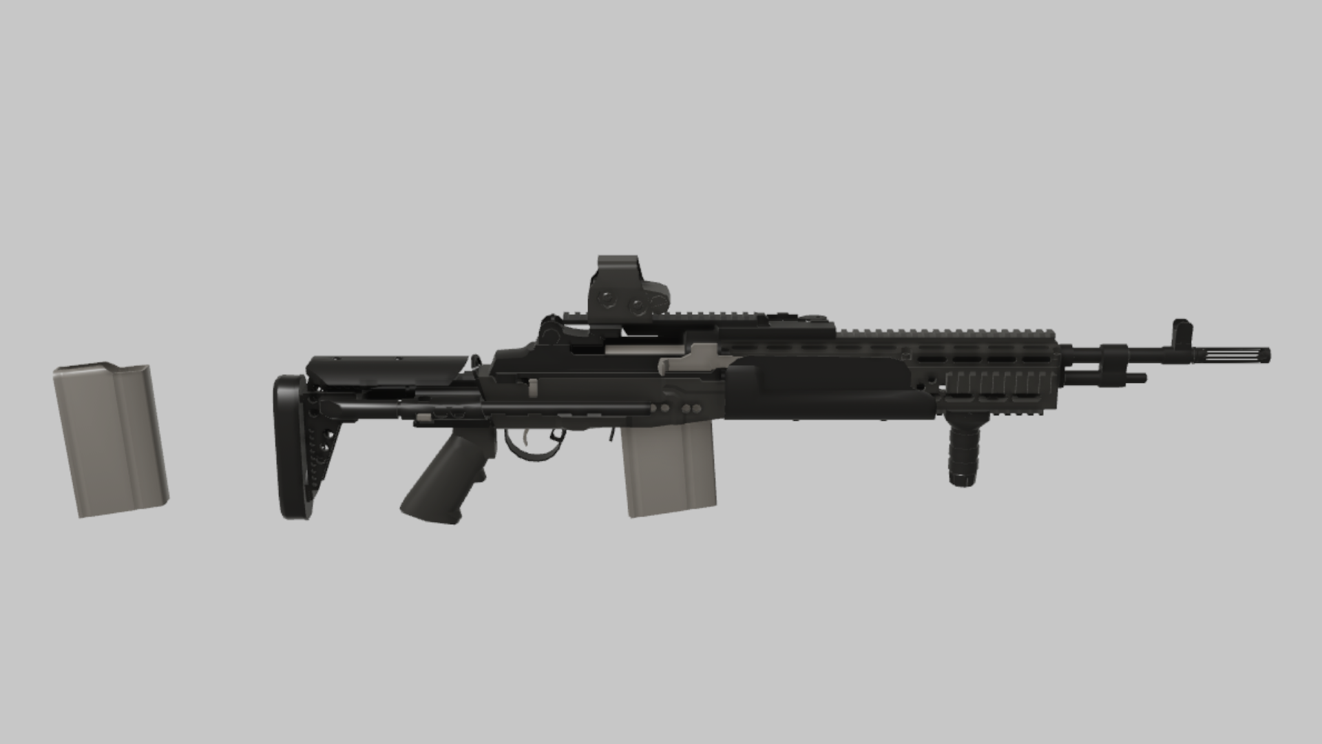 MK-14 EBR CQB RBXM firearm asset front render showing a black MK-14 EBR CQB build with red-dot optic, vertical grip, and compact rail profile