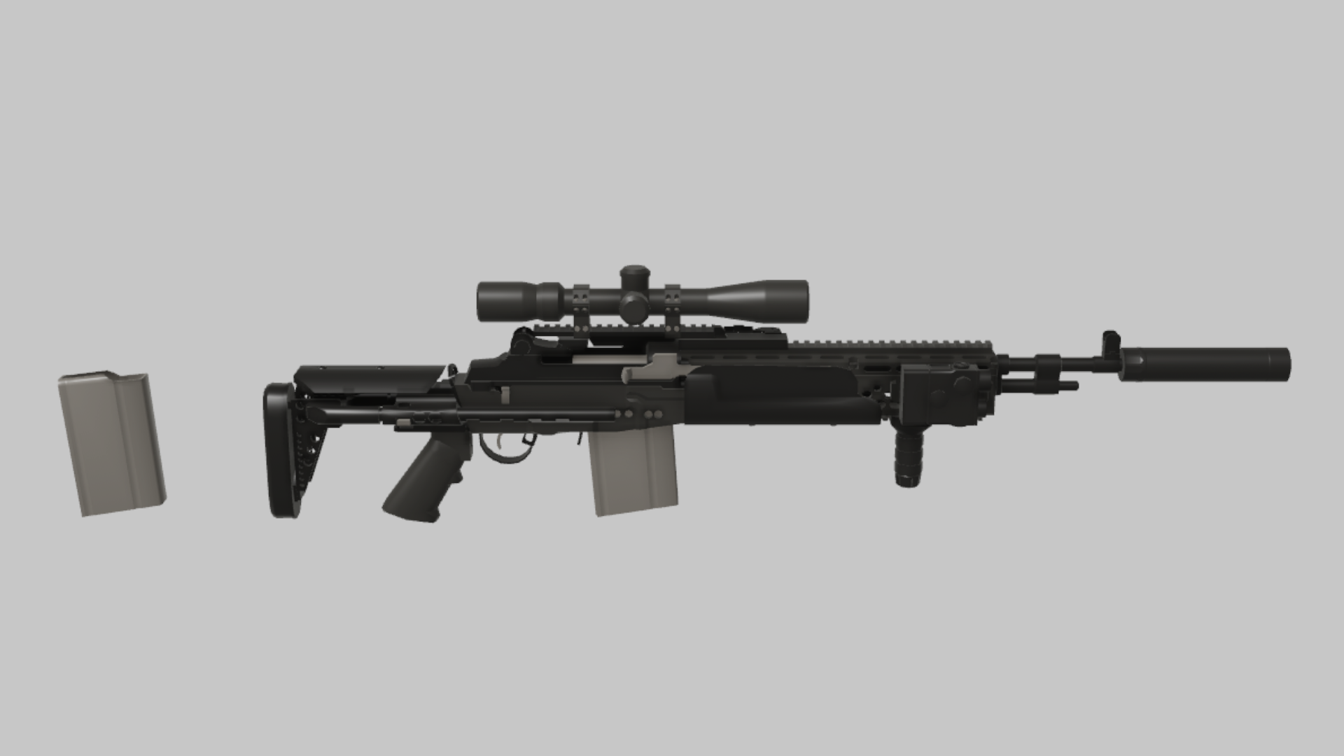MK-14 EBR Recon RBXM firearm asset front render showing a black MK-14 EBR Recon setup with scope, suppressor, vertical grip, and gray magazine