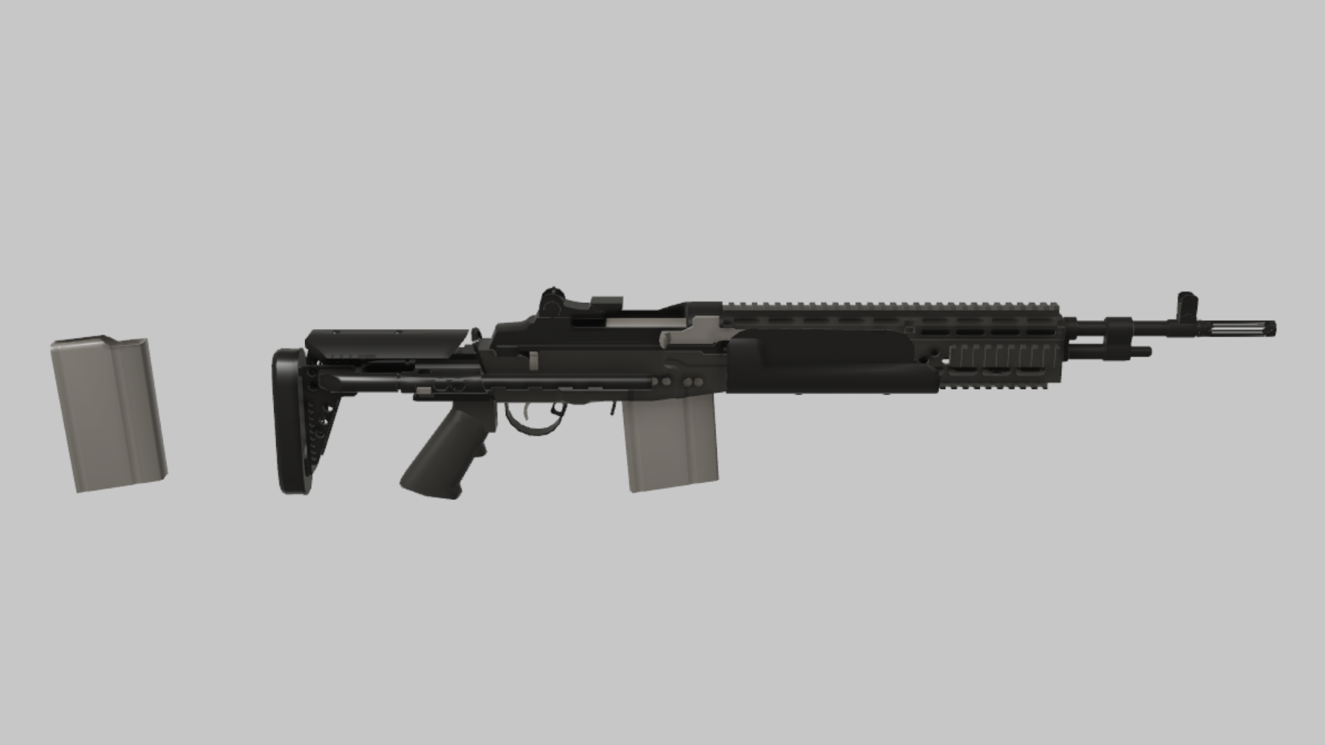 MK-14 EBR RBXM firearm asset front render showing a black MK-14 EBR with rail handguard, gray magazine, and lean marksman-rifle profile