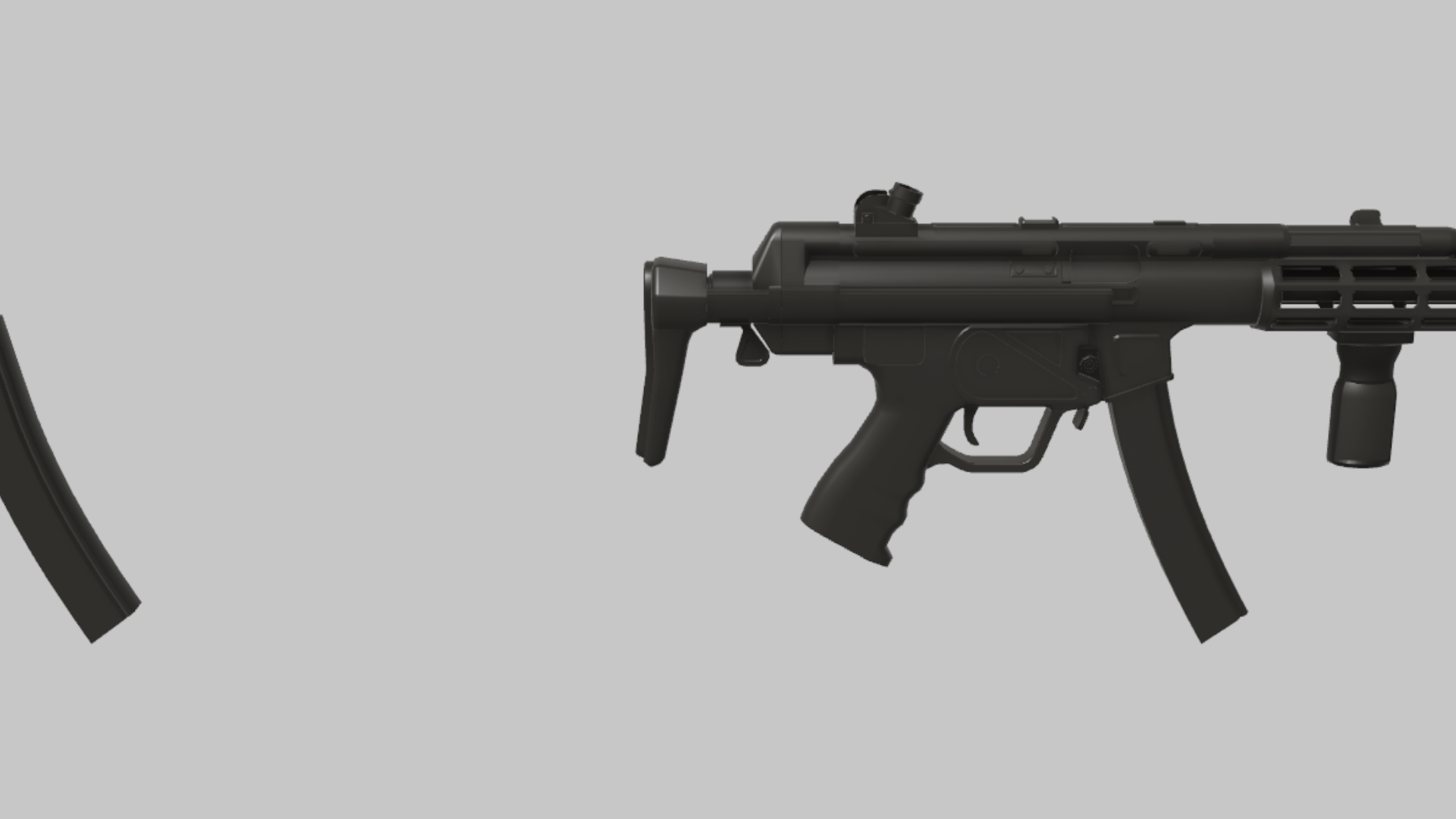 MP5 CQB RBXM firearm asset front render showing a black MP5 CQB variant with vertical foregrip and cropped tactical body