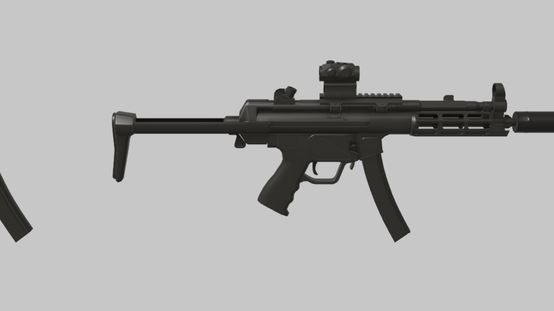 MP5 Stealth RBXM firearm asset front render showing a black MP5 Stealth render with raised optic and dark suppressed front profile