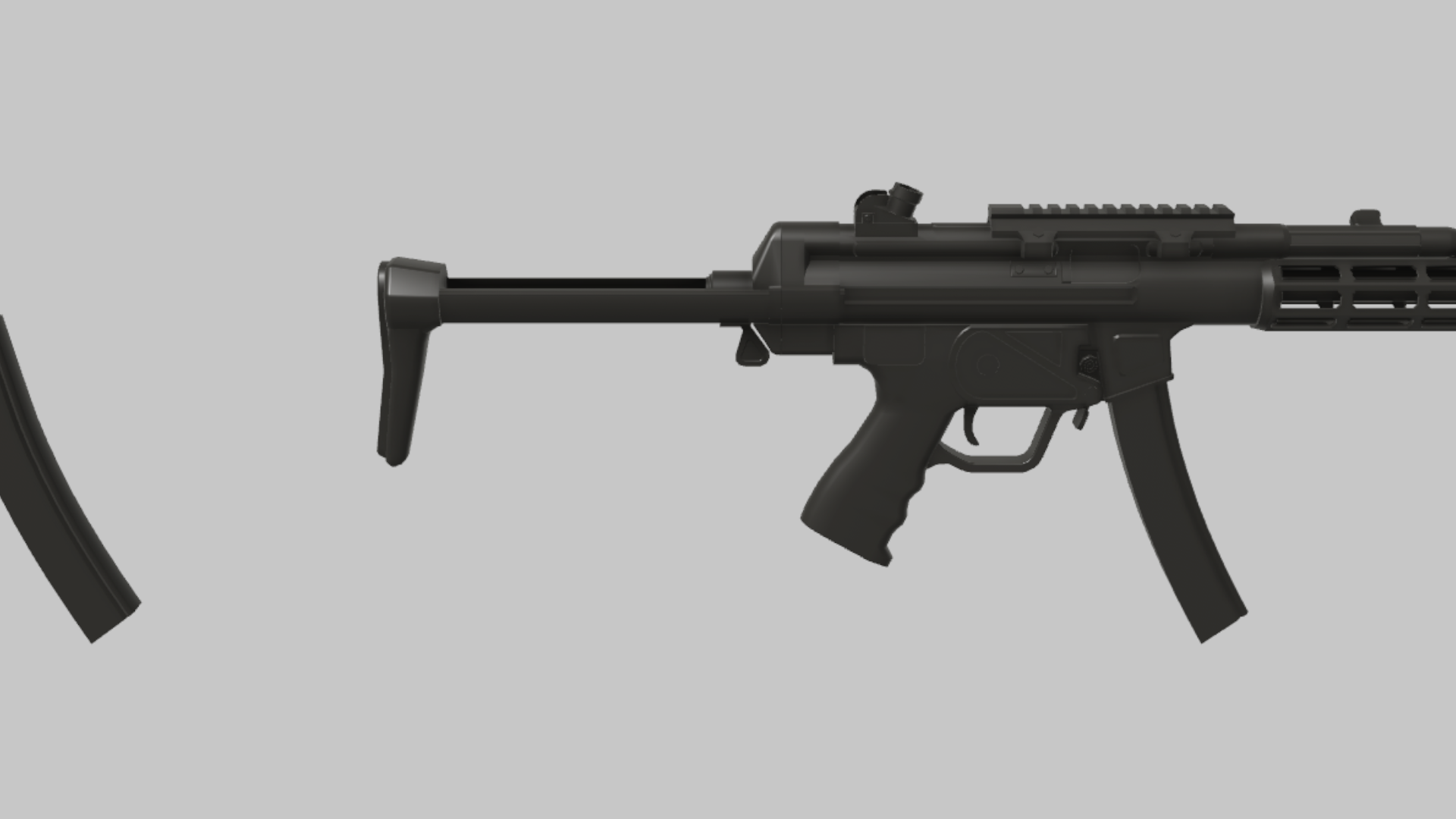 MP5 RBXM firearm asset front render showing a black MP5 with curved magazine, slim retractable stock, and cropped close side view