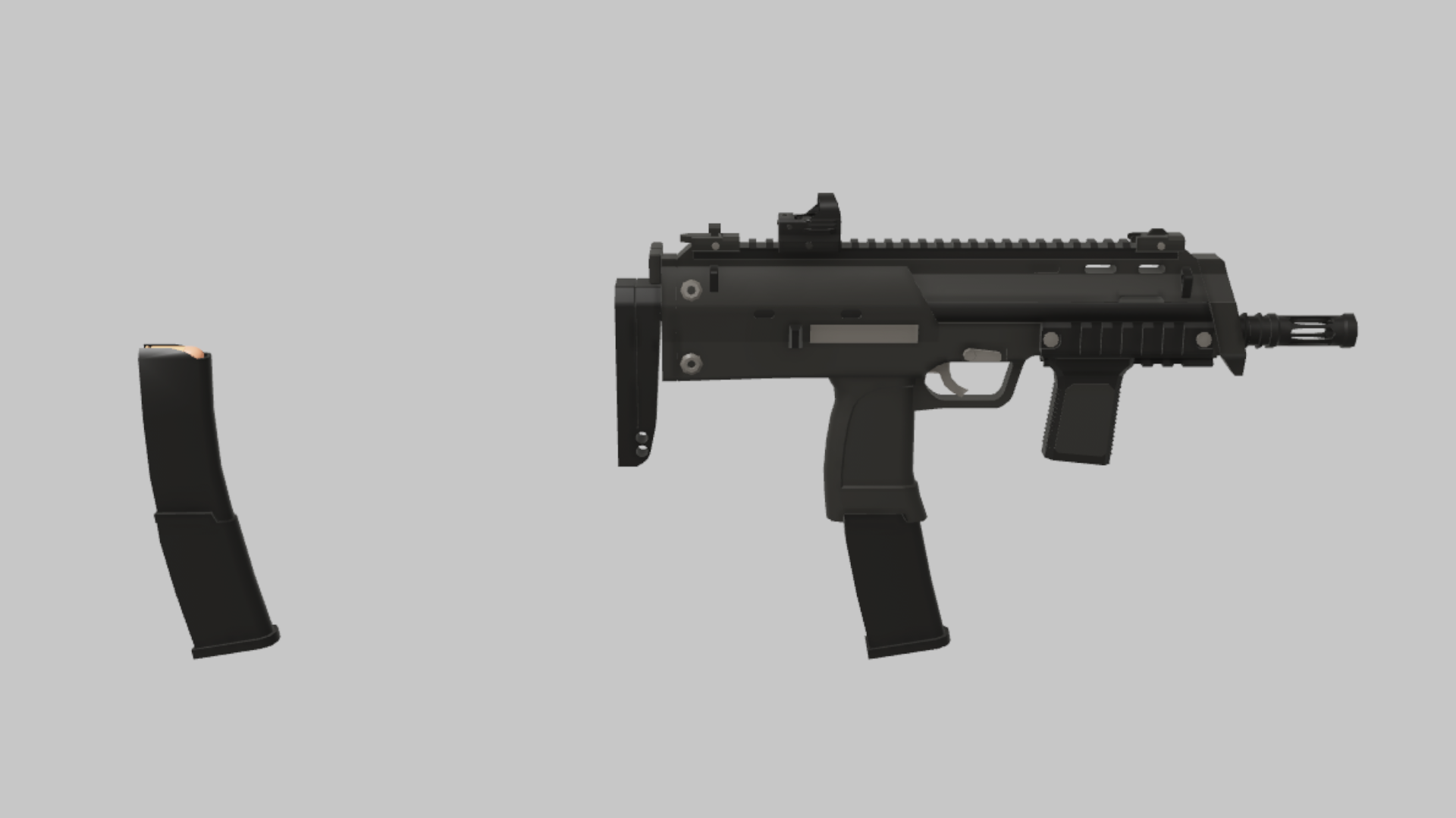 MP7 CQB RBXM firearm asset front render showing a black MP7 CQB setup with small foregrip, compact stock, and spare curved magazine