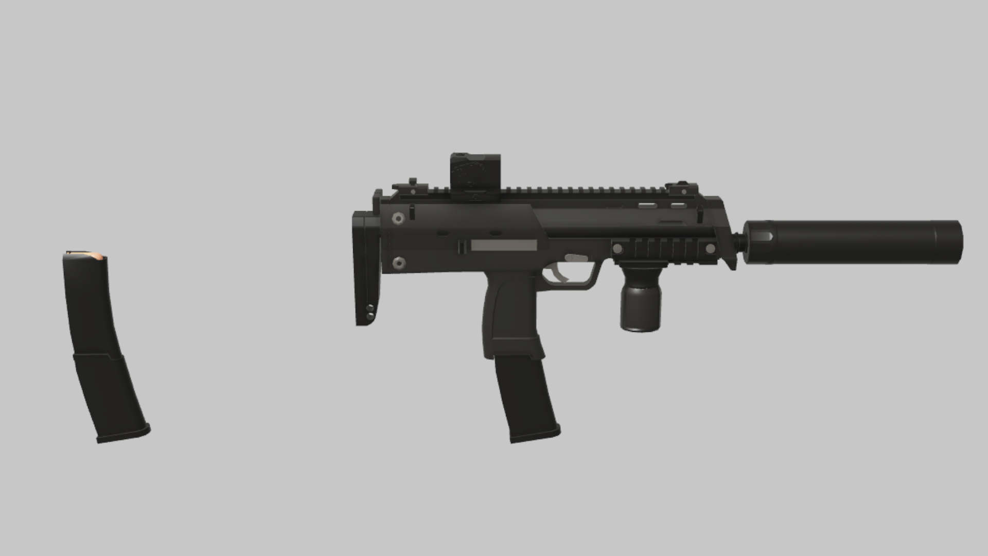 MP7 Stealth RBXM firearm asset front render showing a black MP7 Stealth variant with long suppressor, vertical grip, and raised optic
