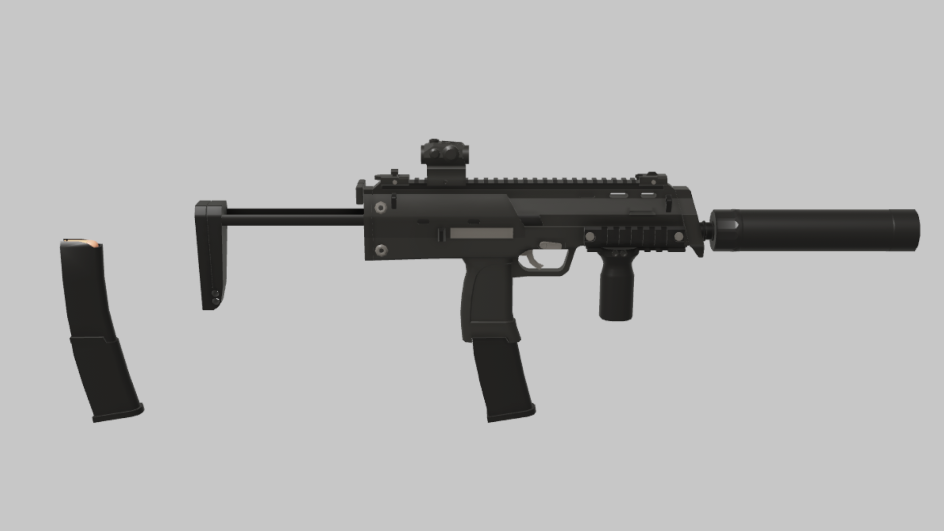 MP7 Tactical RBXM firearm asset front render showing a black MP7 Tactical build with suppressor, optic, foregrip, and curved magazine