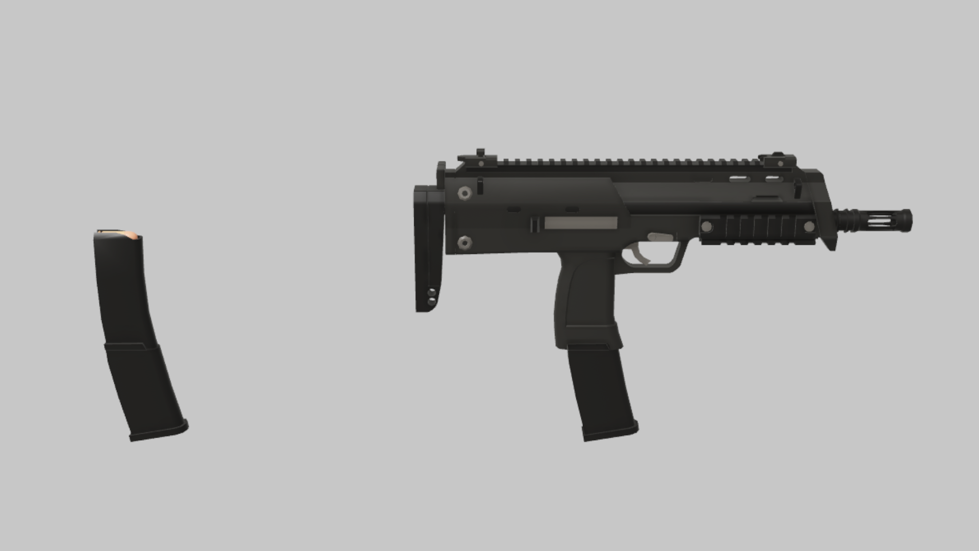 MP7 RBXM firearm asset front render showing a black MP7 with curved spare magazine, compact body, and short rail top