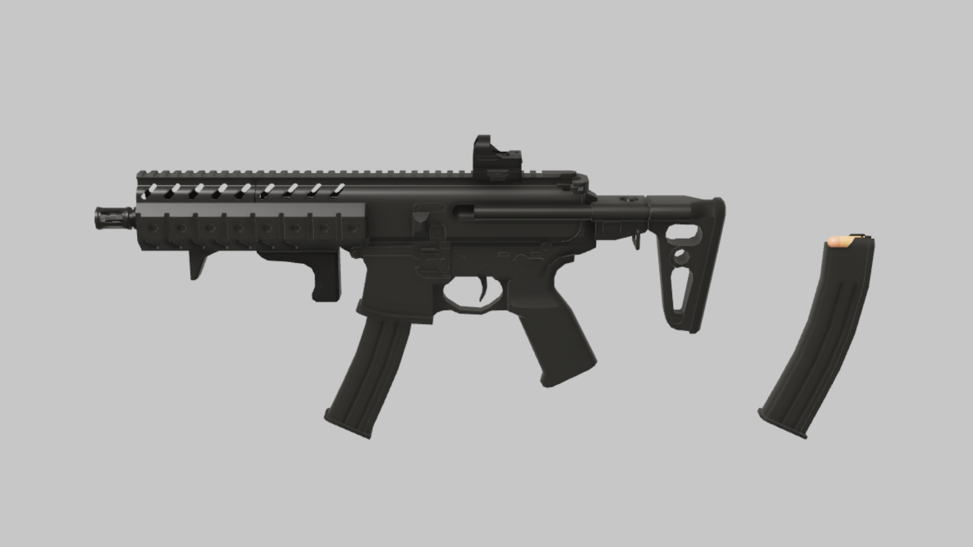 MPX CQB RBXM firearm asset front render showing a black MPX CQB variant with compact front, rail top, and curved spare magazine