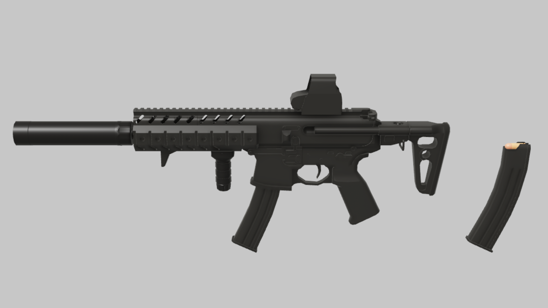 MPX Stealth RBXM firearm asset front render showing a suppressed MPX Stealth build with red-dot optic, foregrip, and black compact body