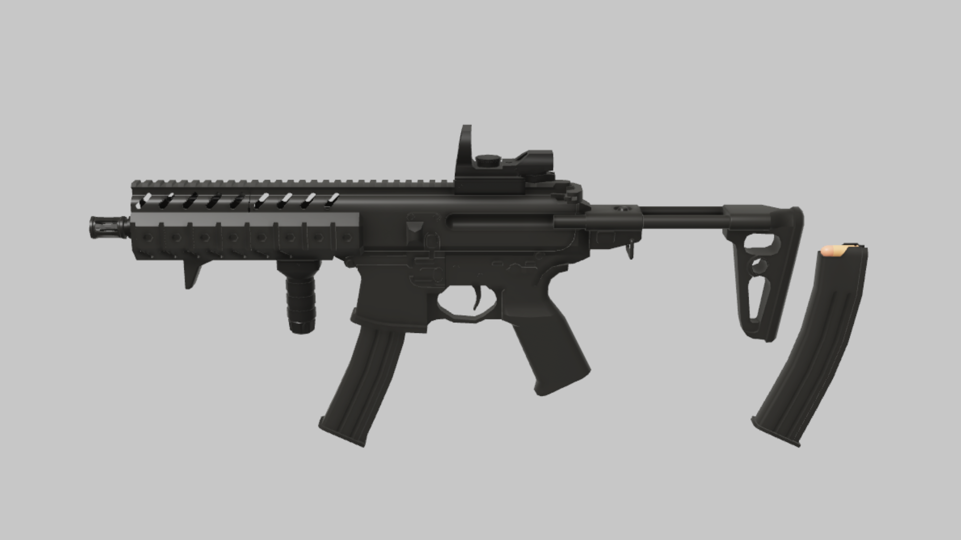 MPX Tactical RBXM firearm asset front render showing a black MPX Tactical render with raised sight, foregrip, and detached curved magazine