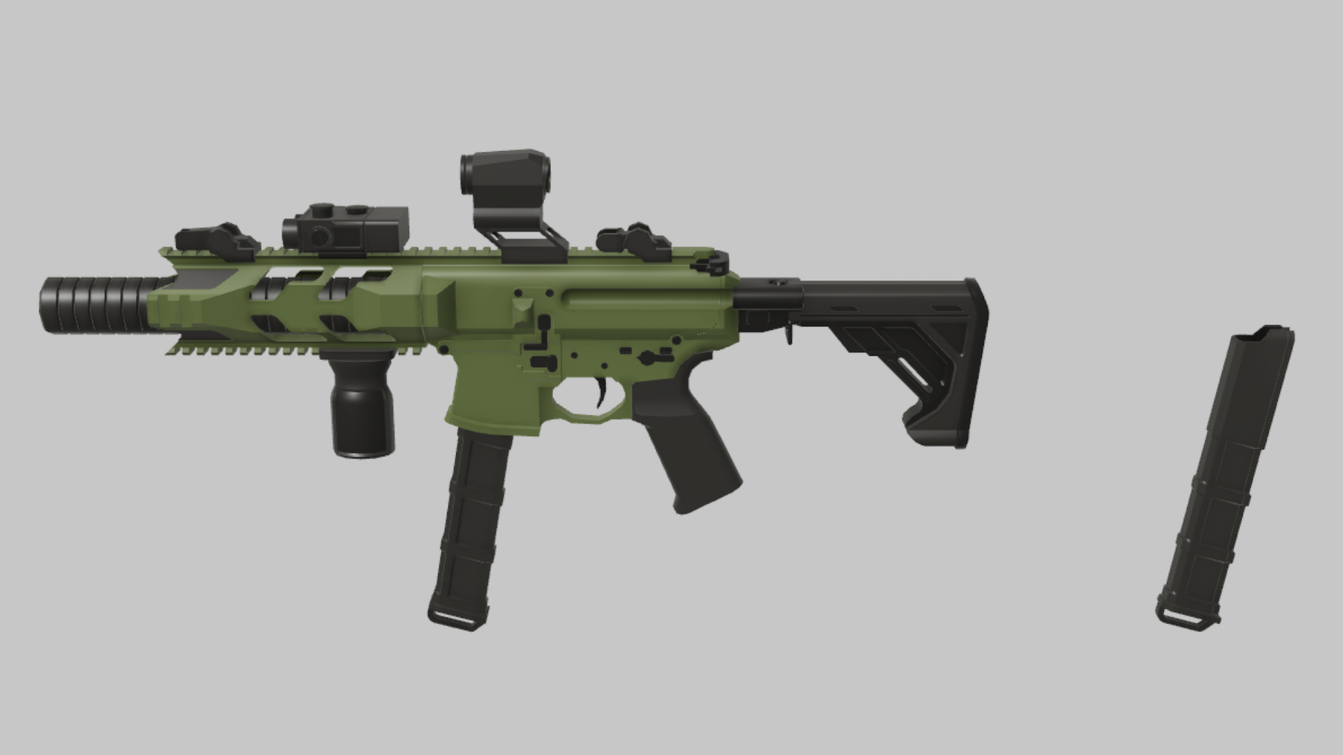 MPX Tactical Blueprint RBXM firearm asset front render showing a green MPX Tactical Blueprint skin with suppressor, optic, foregrip, and black accessories