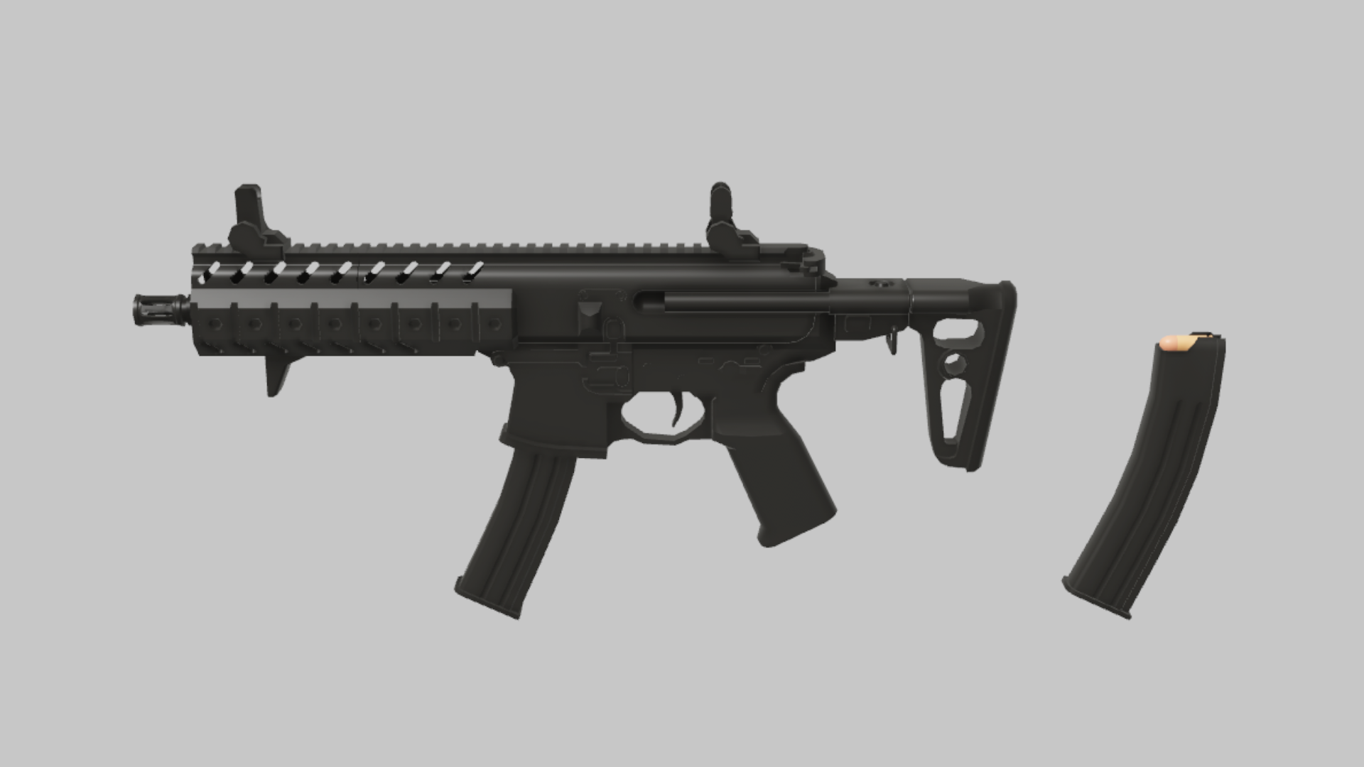 MPX RBXM firearm asset front render showing a black MPX with curved magazines, compact stock, and rail-heavy receiver