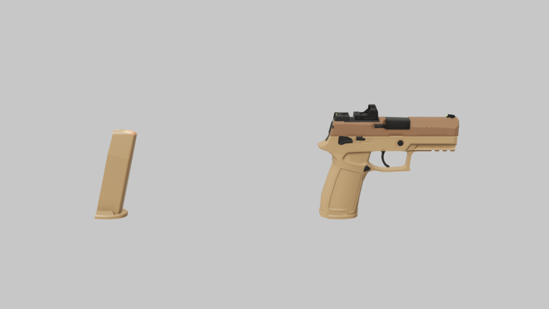 P320 Defence RBXM firearm asset front render showing a tan P320 Defence variant with black slide and simple raised sight