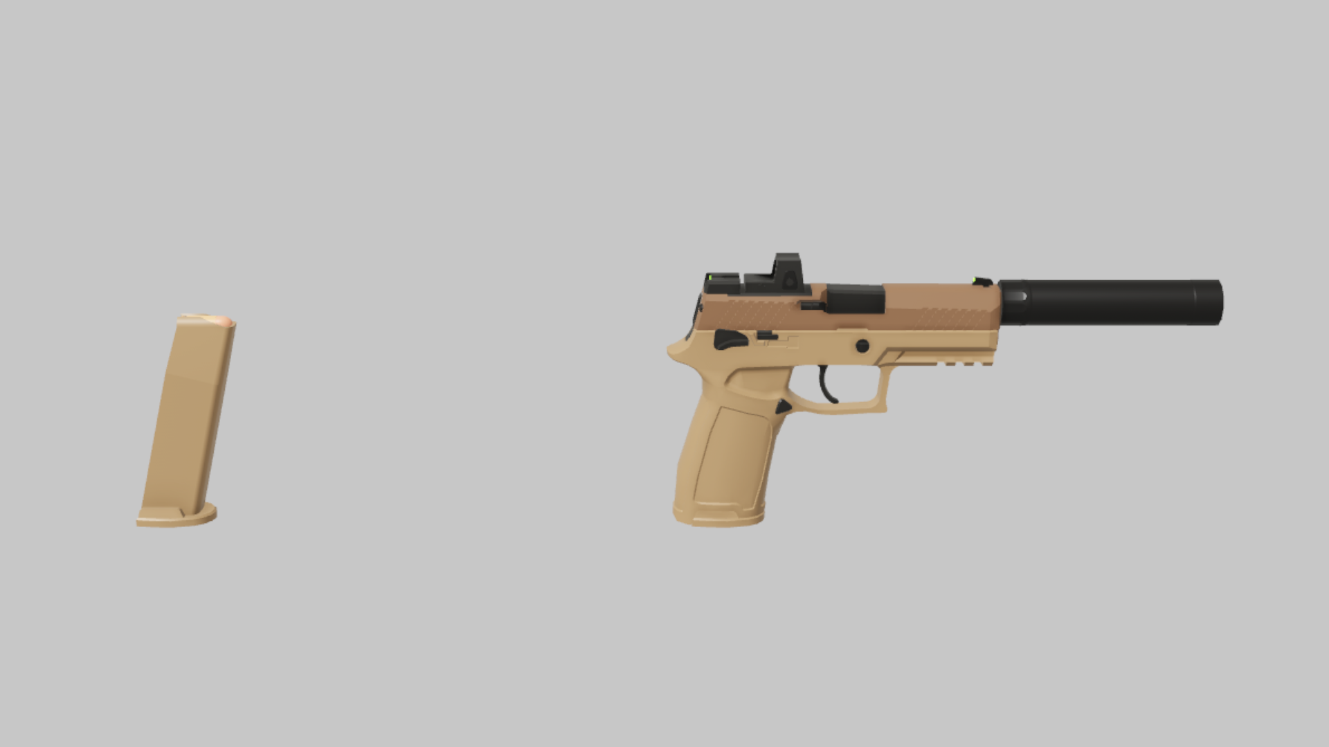 P320 Stealth RBXM firearm asset front render showing a tan P320 Stealth pistol with black suppressor, optic, and detached magazine