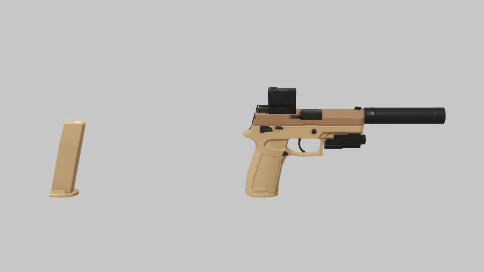 P320 Tactical RBXM firearm asset front render showing a tan P320 Tactical pistol with suppressor, optic, underbarrel module, and matching magazine