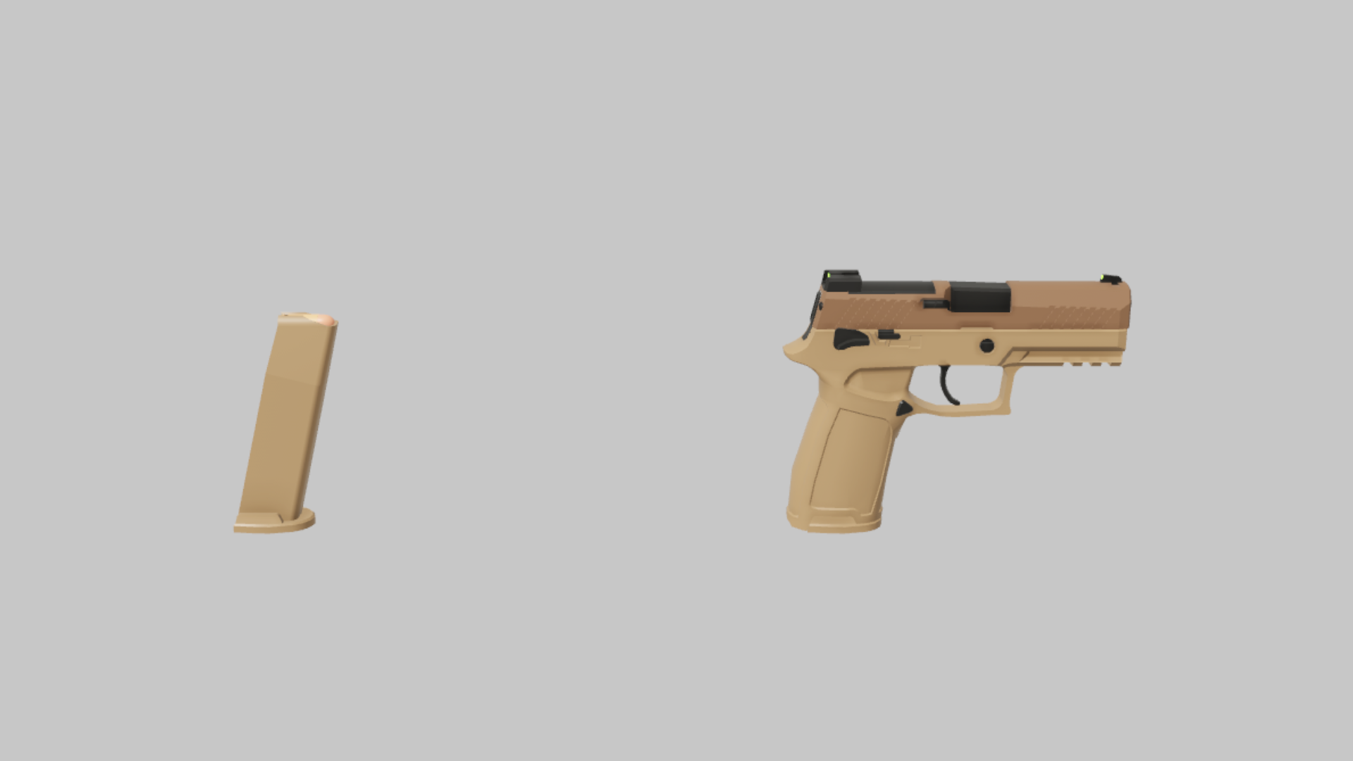 P320 RBXM firearm asset front render showing a tan P320 pistol with black slide, detached tan magazine, and clean compact frame