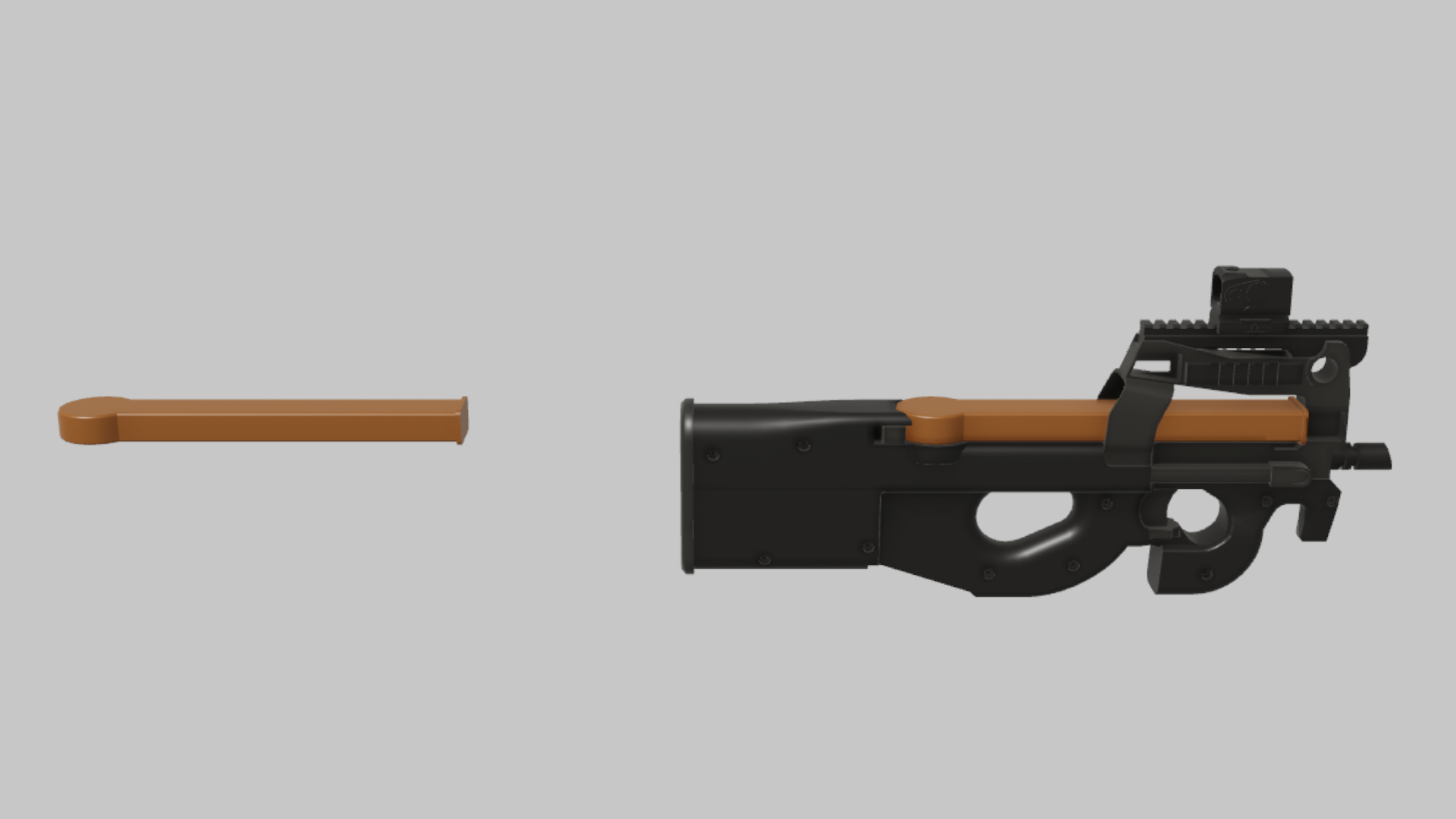 P90 Breacher RBXM firearm asset front render showing a black P90 Breacher with long orange barrel insert and raised top sight