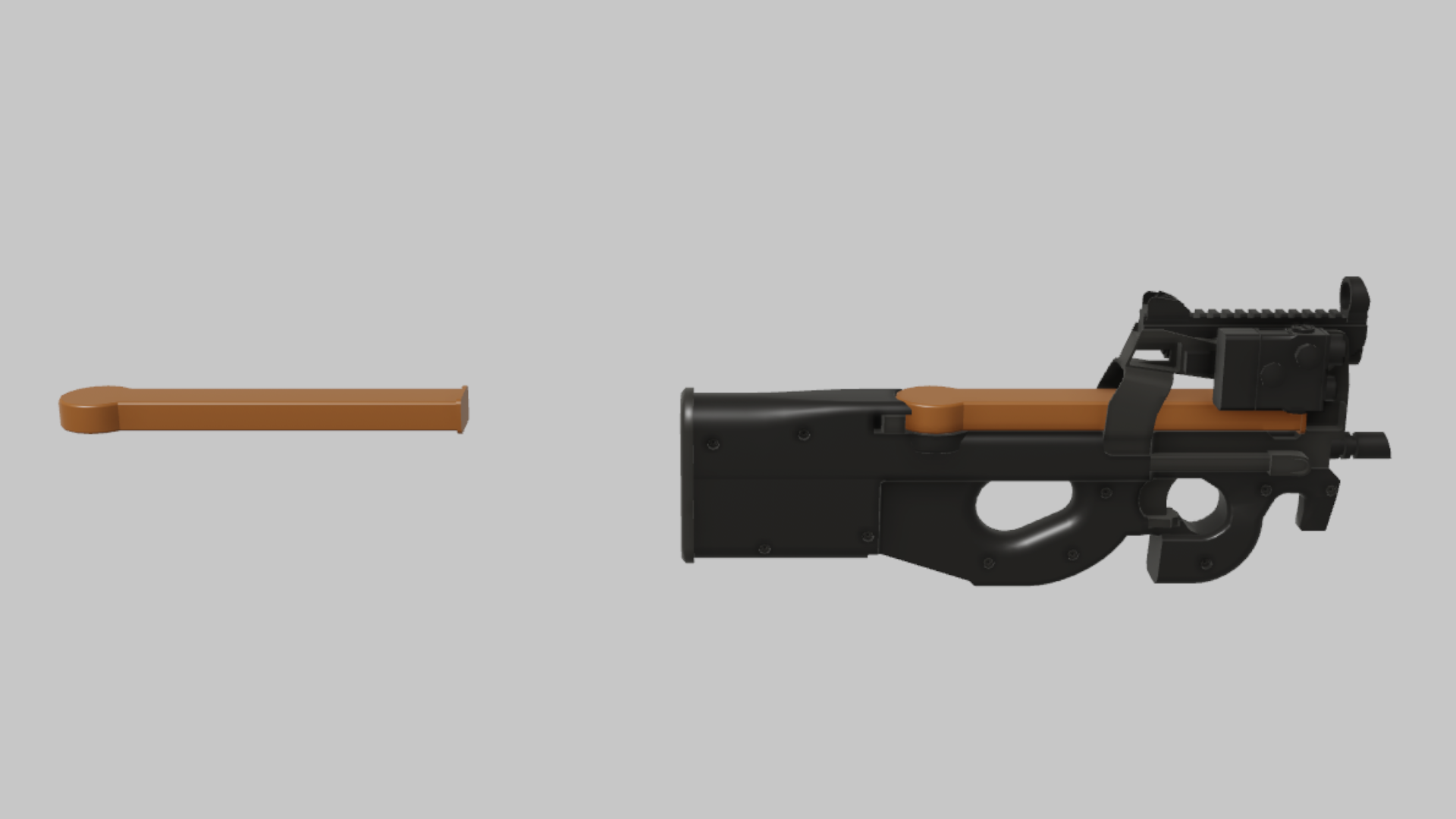 P90 CQB RBXM firearm asset front render showing a black P90 CQB variant with compact optic and long orange barrel insert