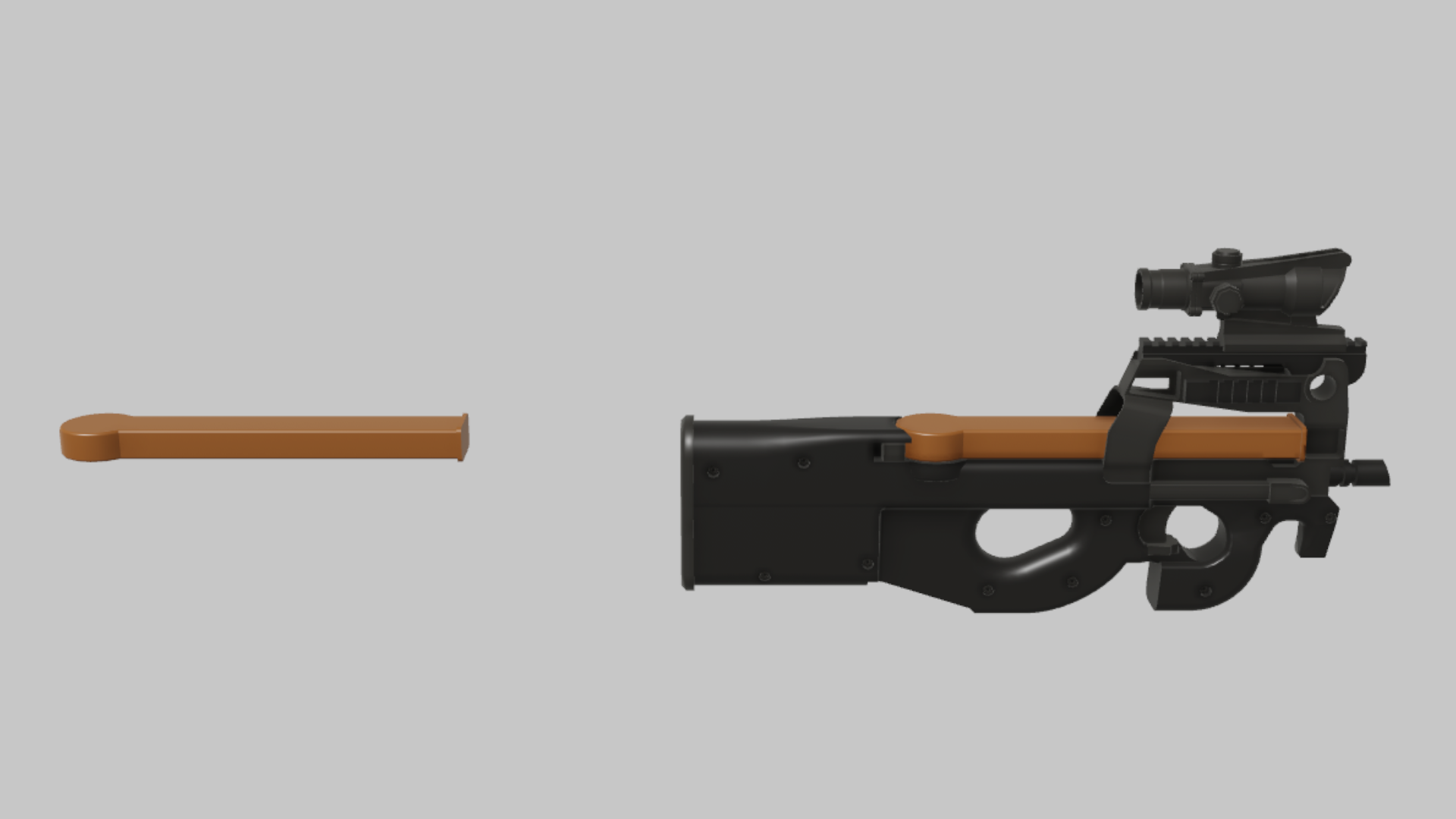 P90 Ranger RBXM firearm asset front render showing a black P90 Ranger build with tube optic, orange barrel insert, and compact bullpup body