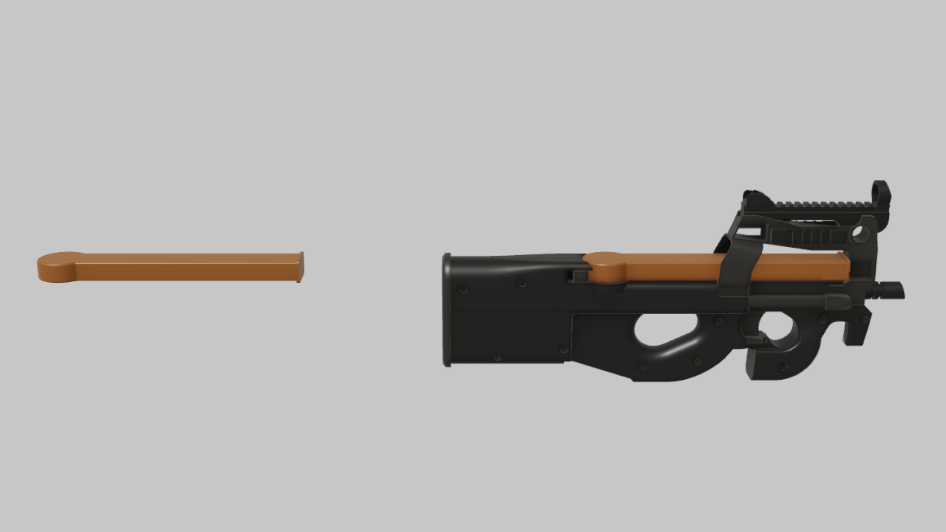 P90 RBXM firearm asset front render showing a black P90 with orange barrel insert, top rail, and detached upper magazine piece