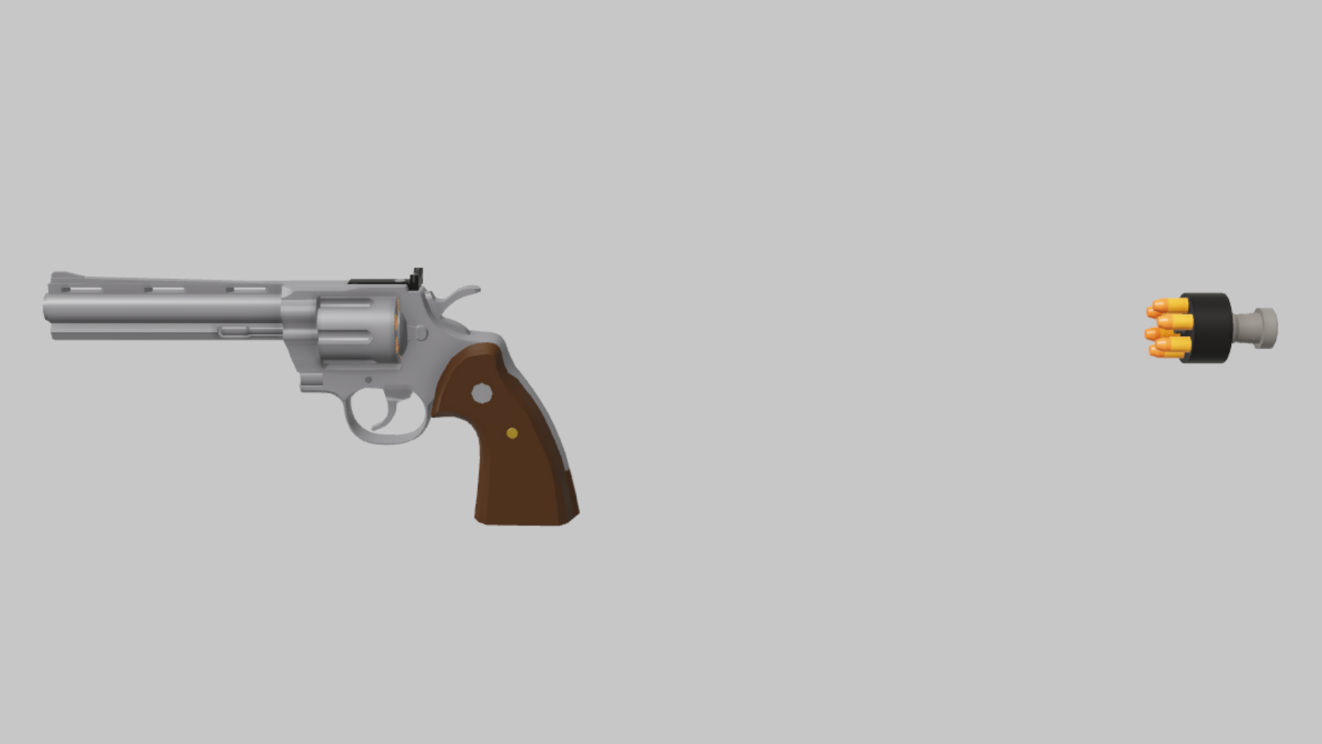 Python RBXM firearm asset front render showing a silver Python revolver with brown grip and detached cylinder-style ammo render