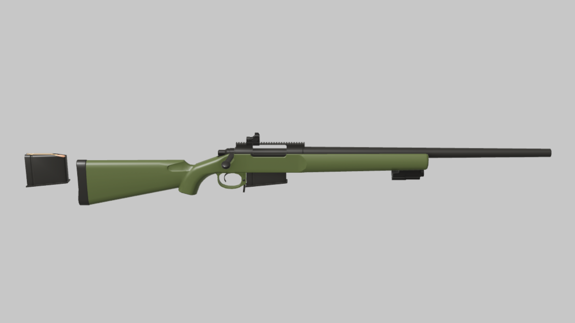 R700 CQB RBXM firearm asset front render showing a green R700 CQB variant with black barrel, small optic, and slim bolt-action body