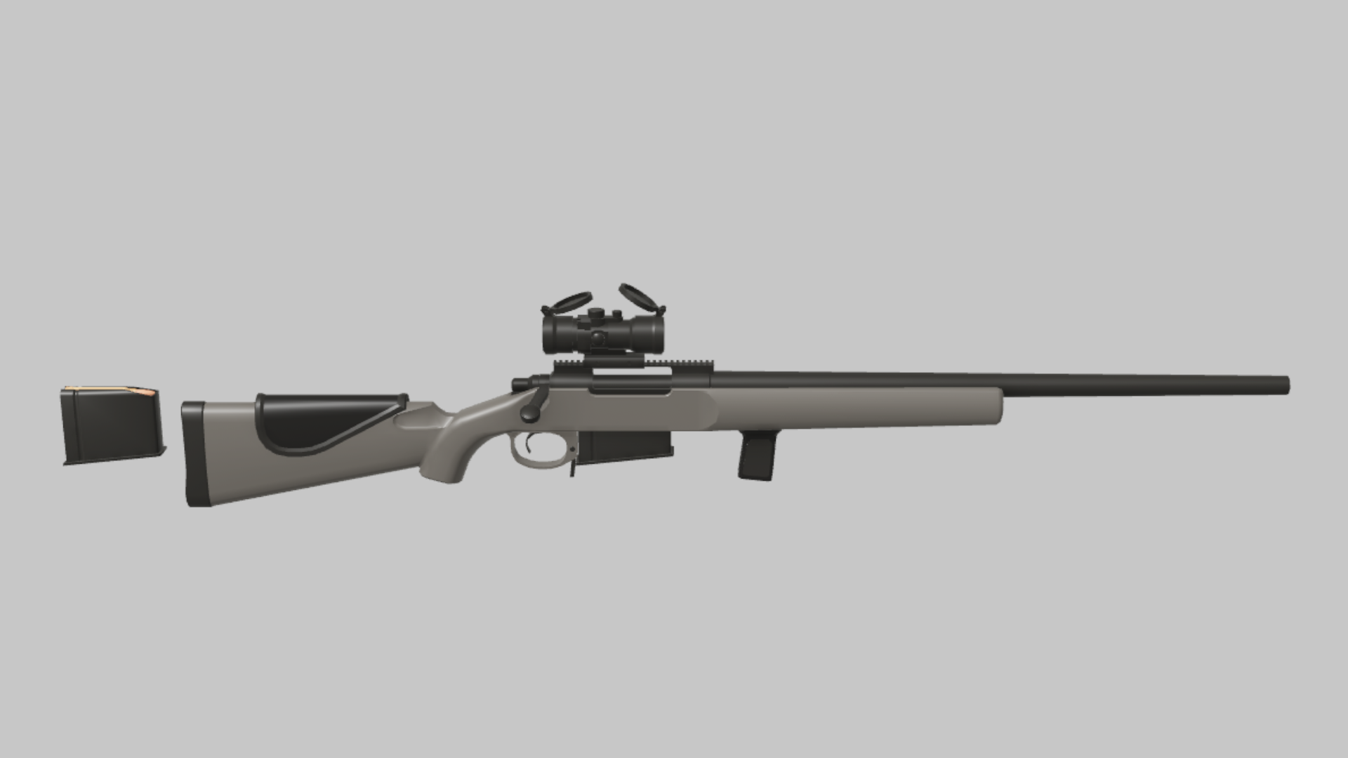 R700 Marksman RBXM firearm asset front render showing a gray R700 Marksman rifle with raised optic, long barrel, and angular stock insert
